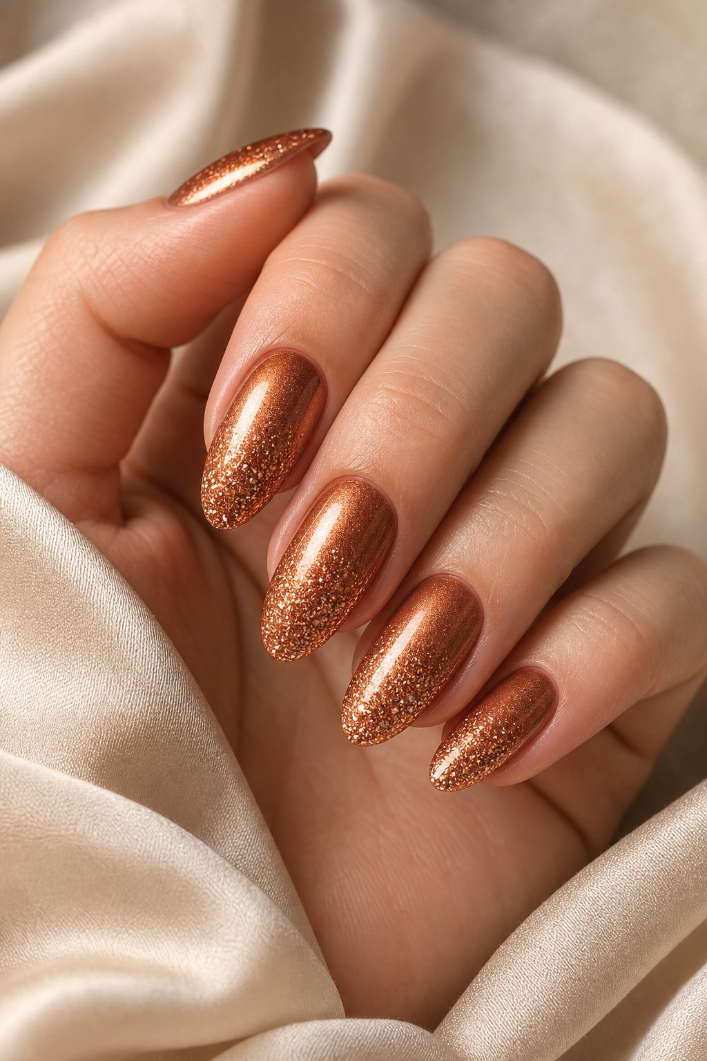 A hand displaying glossy copper glitter gradient manicure.