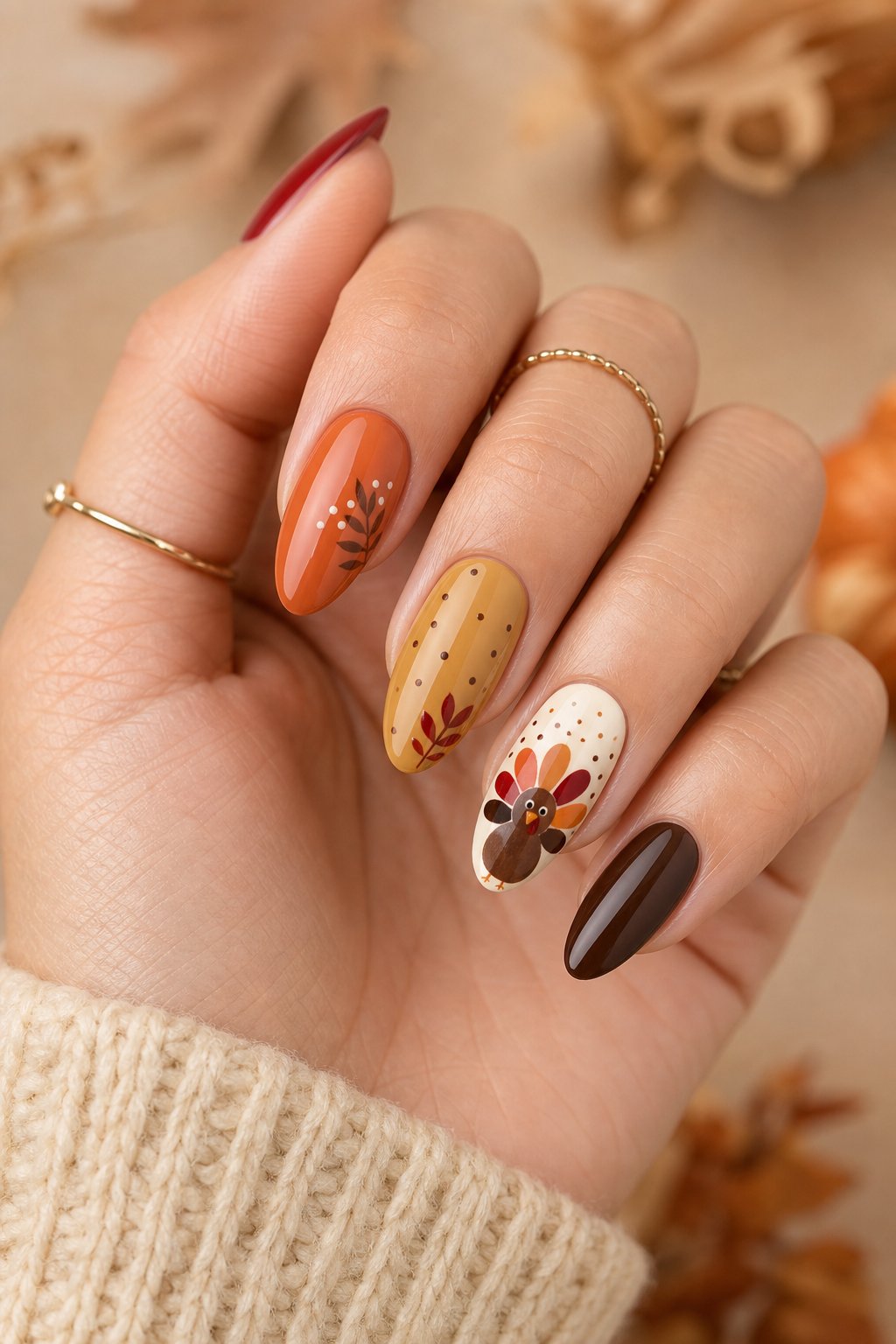 A hand displays a warm autumn manicure with small turkey designs on accent nails.