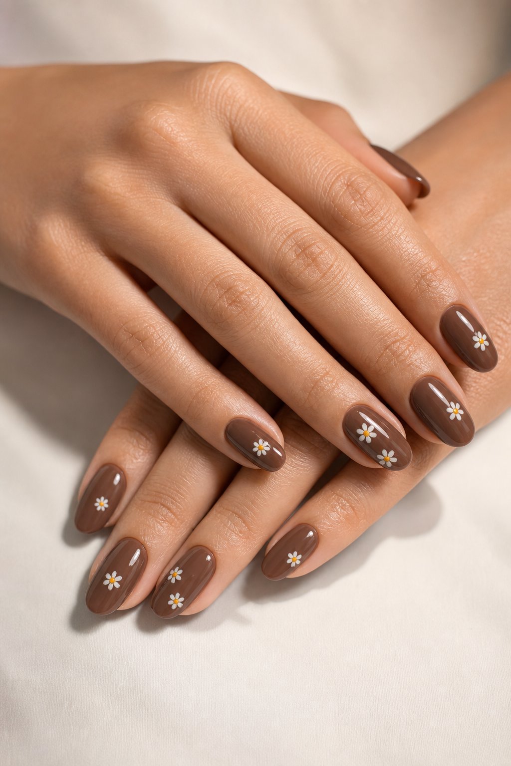 A close-up of hands with glossy mushroom-brown nails decorated with tiny white daisies.