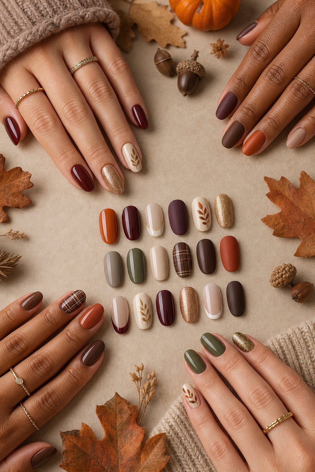 Hands and nail samples display a variety of warm autumn manicure designs beside seasonal leaves and small pumpkins.