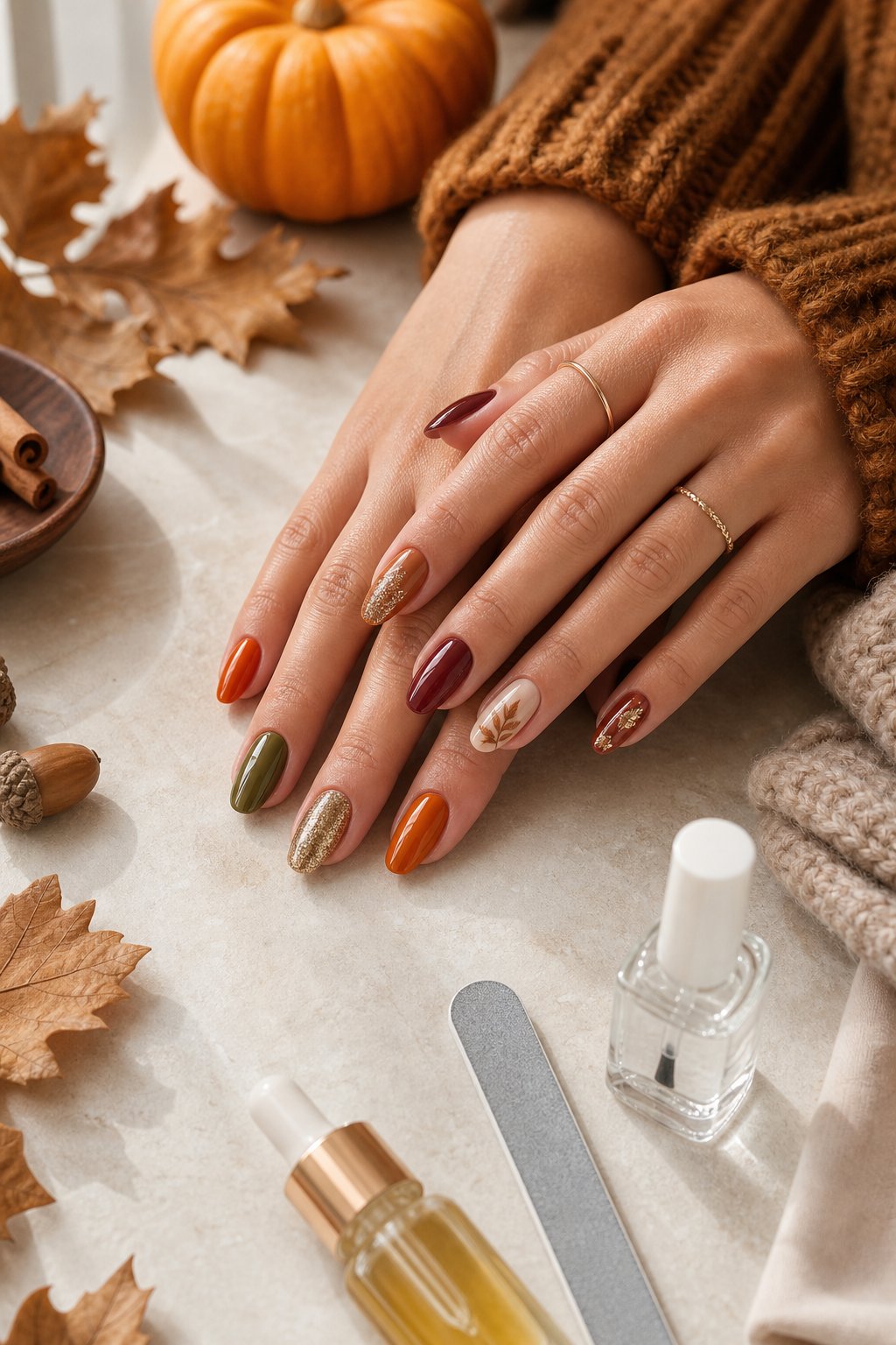 Hands with autumn-colored nail art resting beside fall leaves and manicure-care tools.