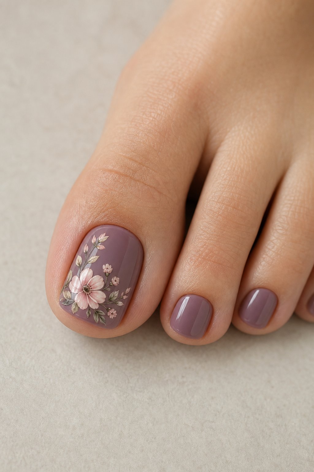 A close-up of a mauve-painted big toenail decorated with delicate floral designs.