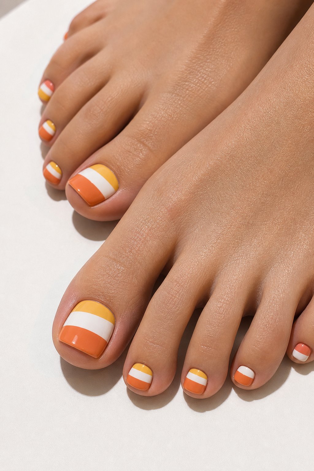 Close-up of toes with yellow, white, and orange color-blocked pedicure polish.