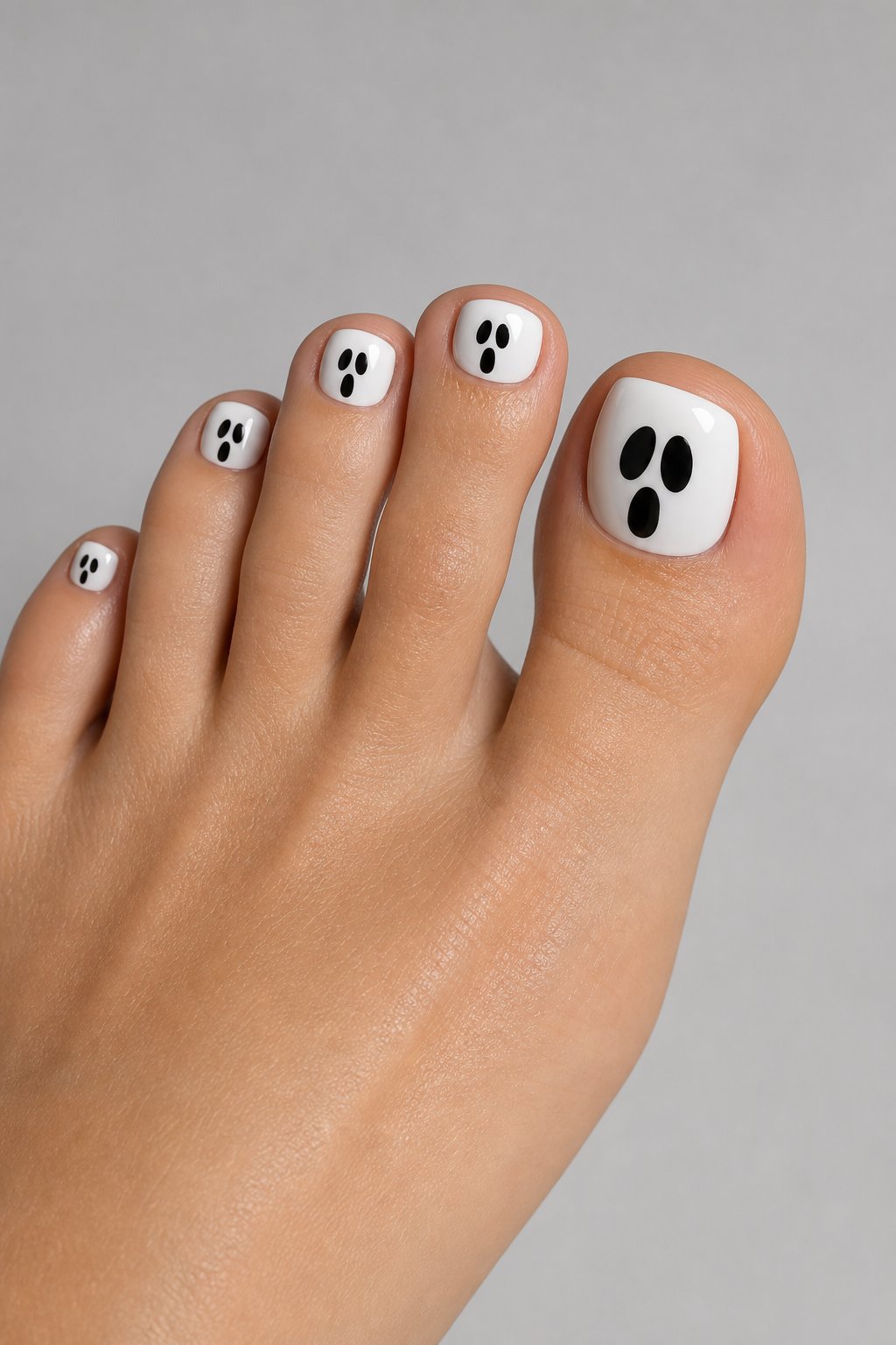 A close-up of a foot with white toenails decorated with simple black ghost faces.