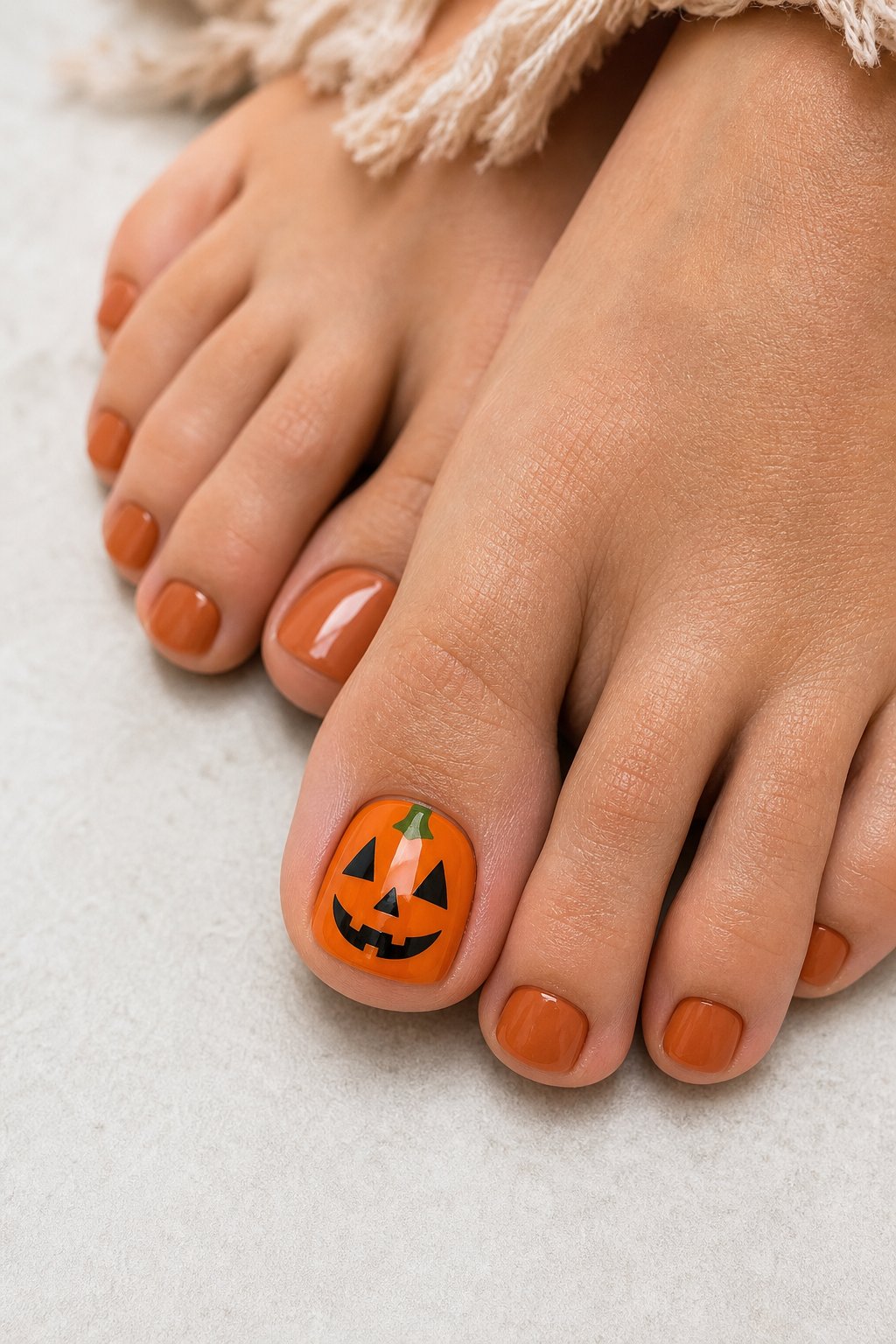 A close-up of a big toenail painted like a tiny orange jack-o'-lantern.