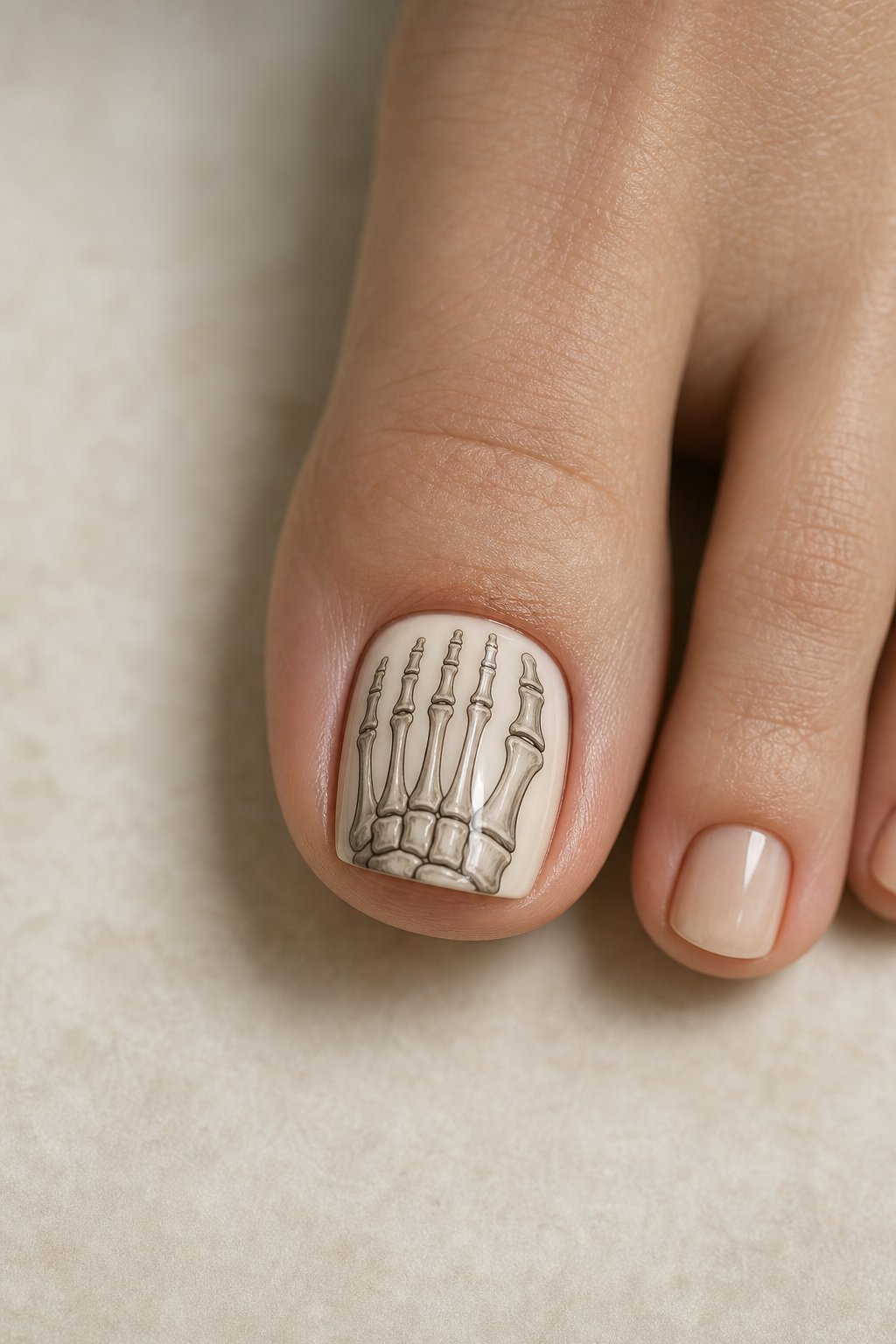 A close-up of a foot featuring a polished skeleton bone design on the big toenail.