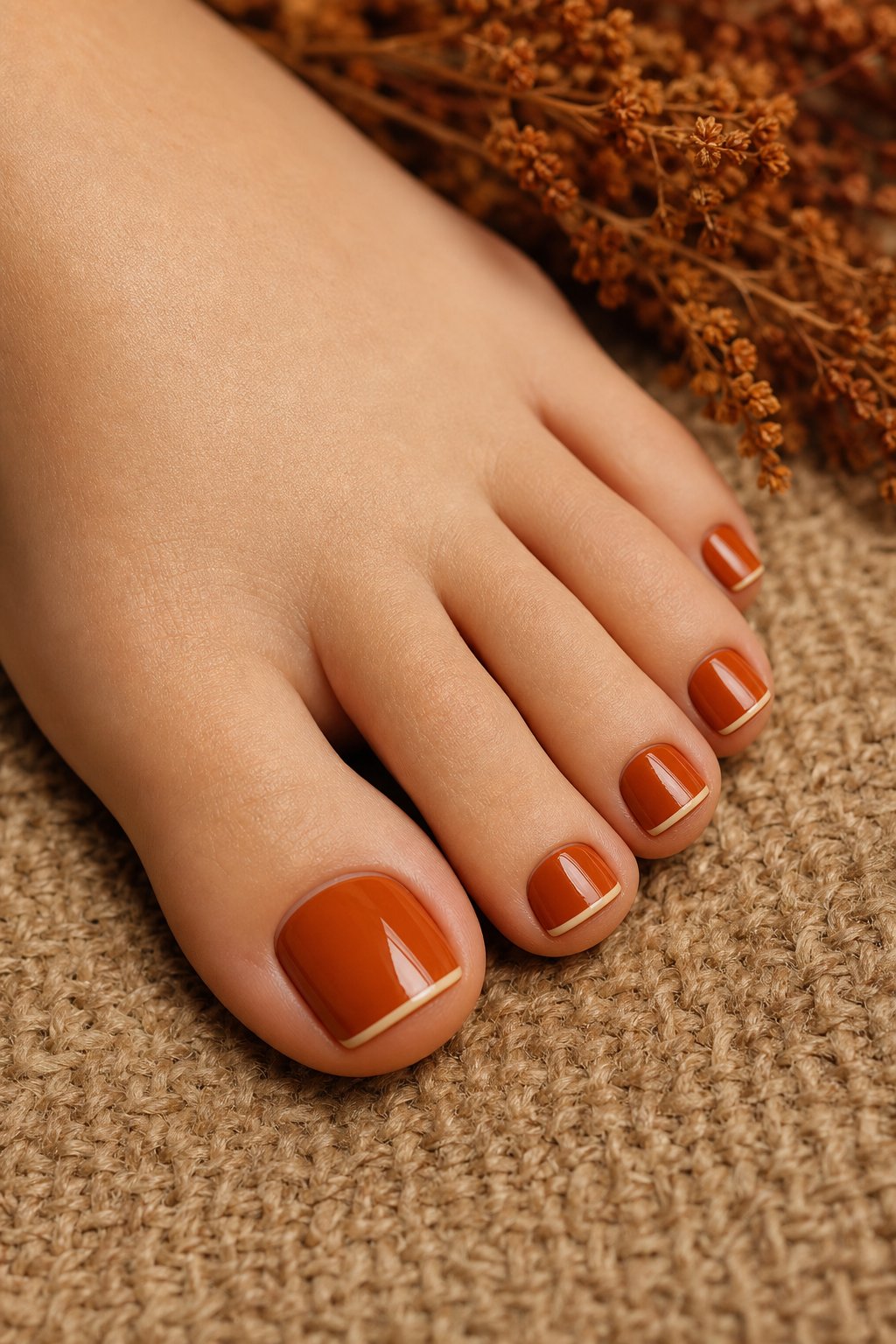 A close-up of a foot with glossy orange toenails featuring thin cream-colored French tips.