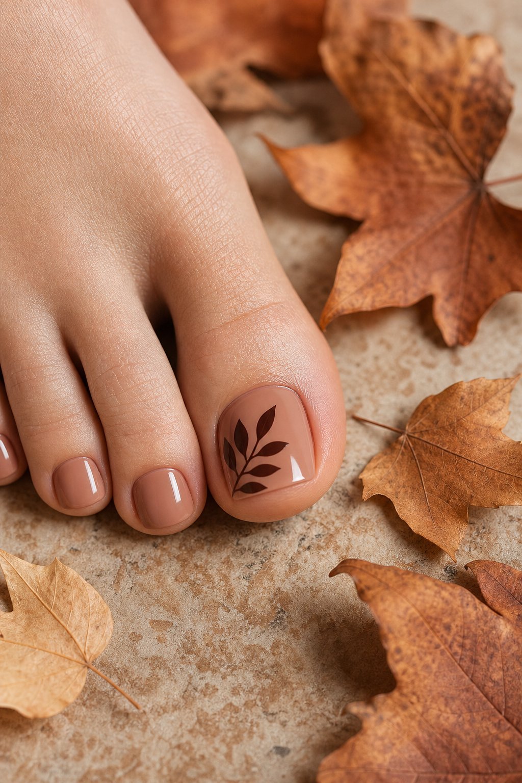Close-up of a foot with a dark autumn leaf design on the big toenail.