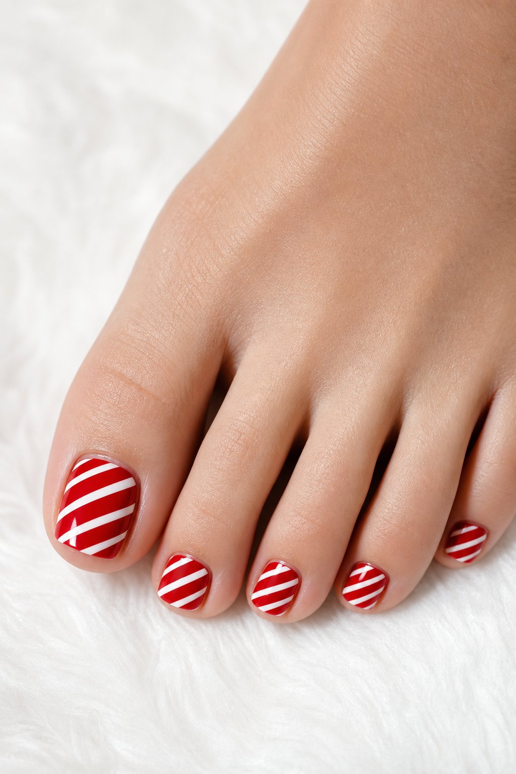 A foot with glossy red-and-white striped toenails resting on a white surface.