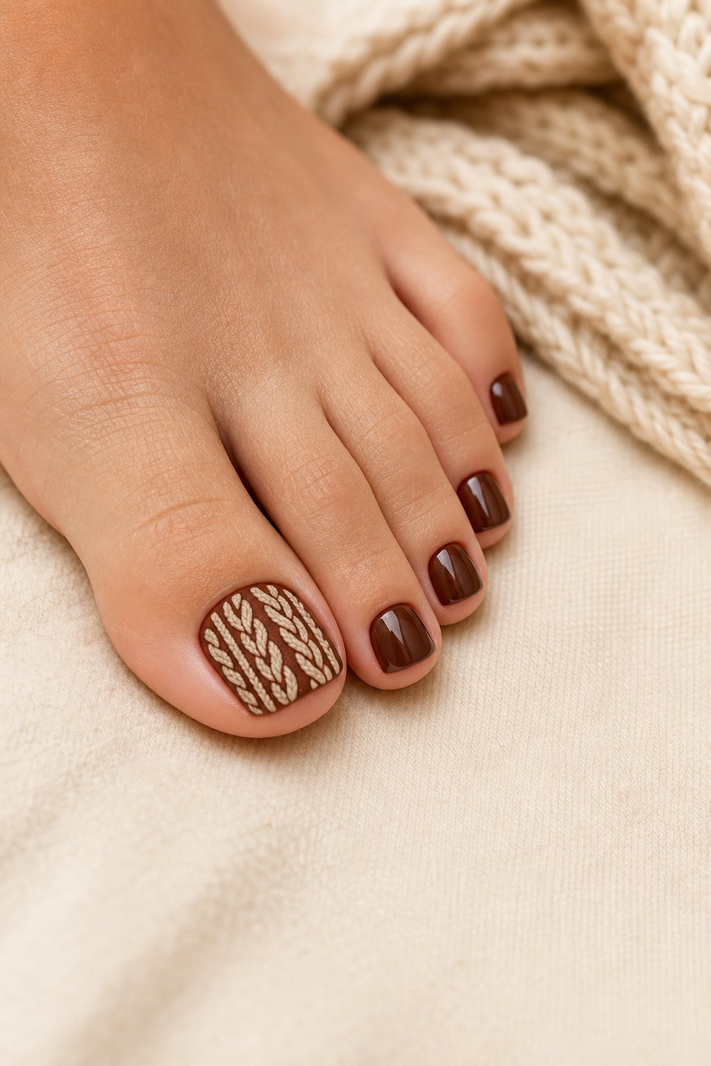 A close-up of a foot with chocolate-brown toenail polish and cream cable-knit designs on the big toenails.
