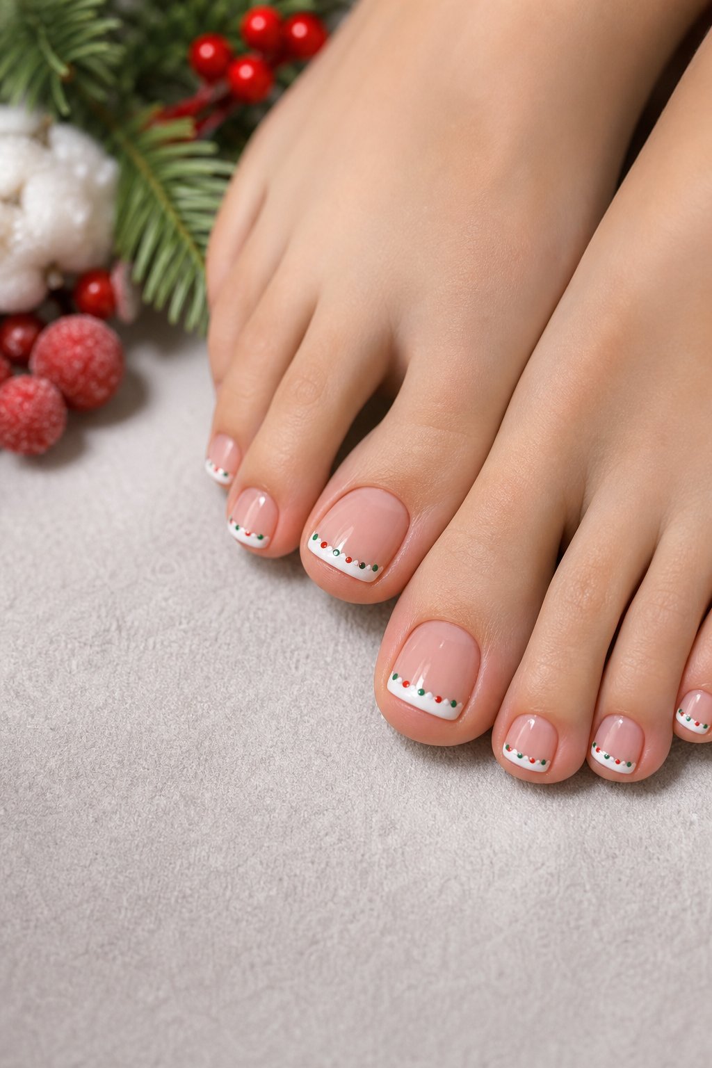 Close-up of toenails with white French tips and tiny green and red dots.