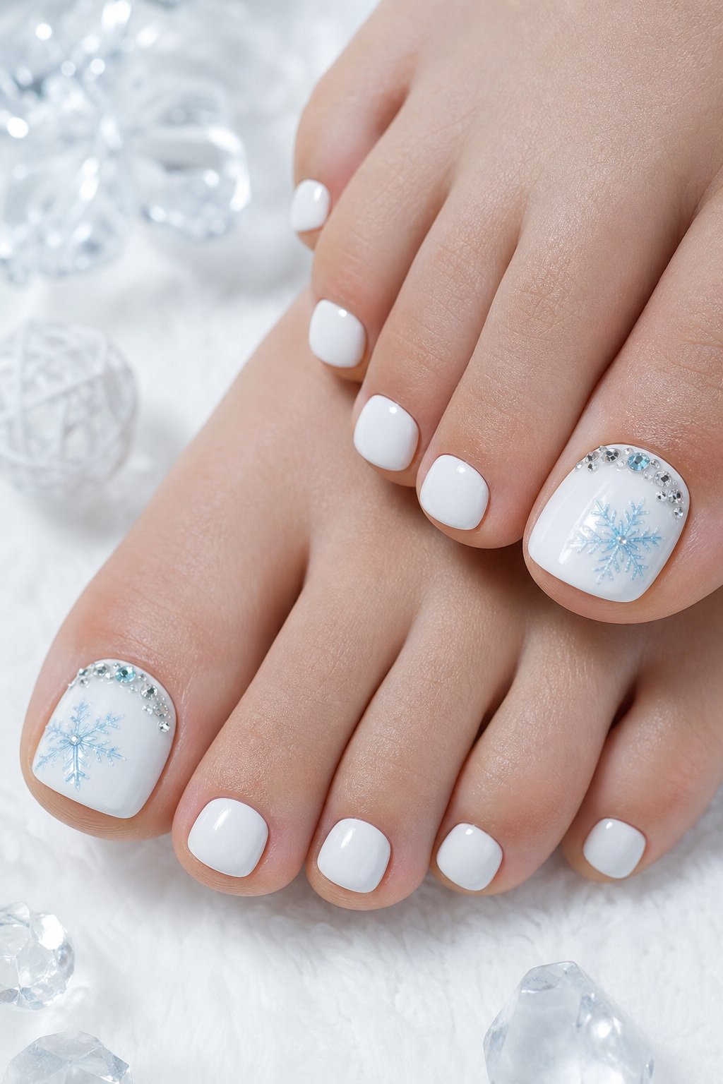 A close-up of white-painted toenails with a blue snowflake design and small crystal accents.