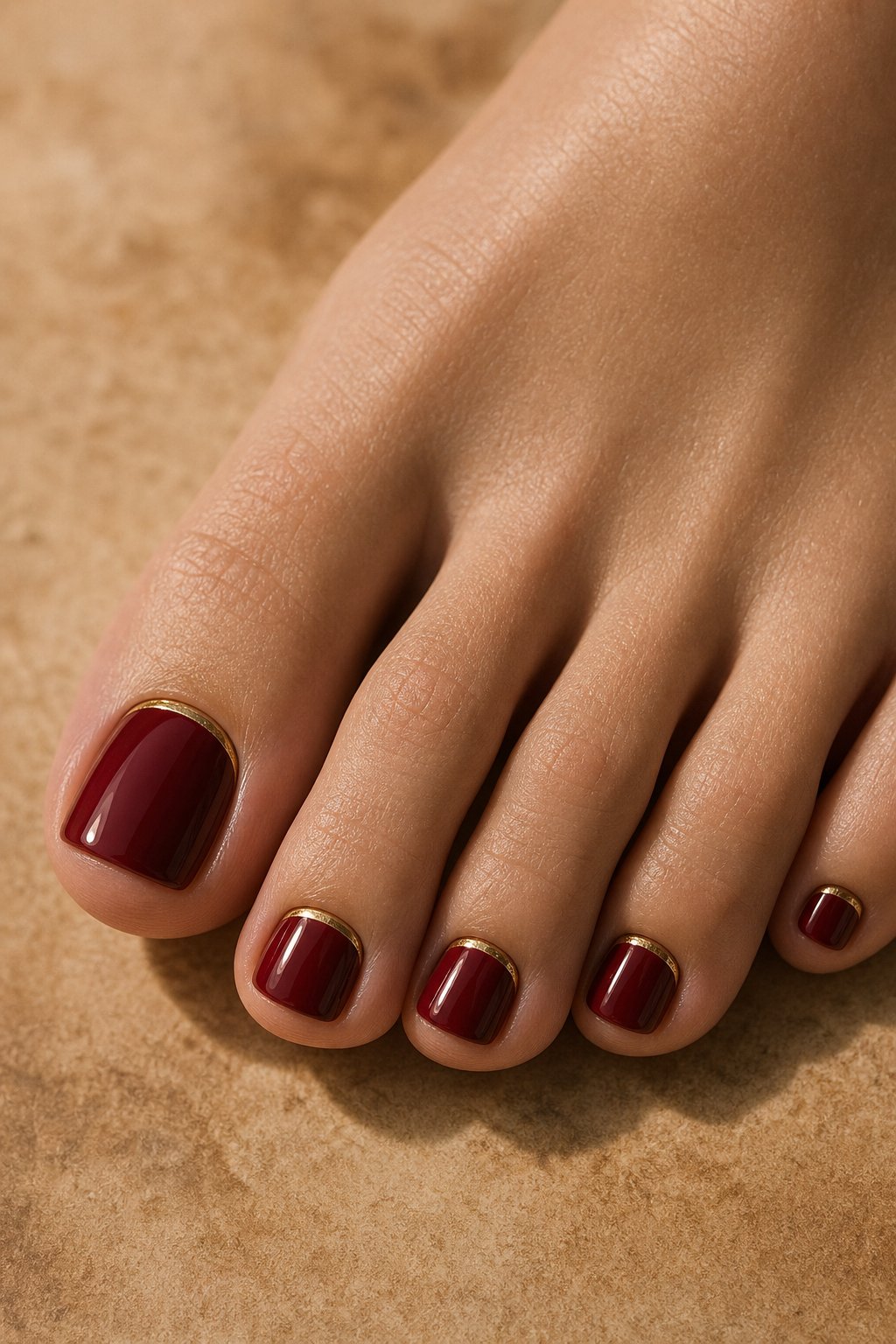 A foot with glossy oxblood-red toenails decorated with gold half-moon accents.