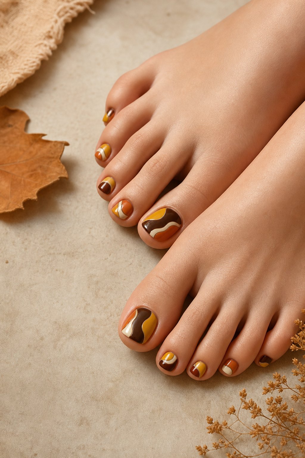Close-up of feet with mustard yellow and brown abstract wave designs on the toenails.