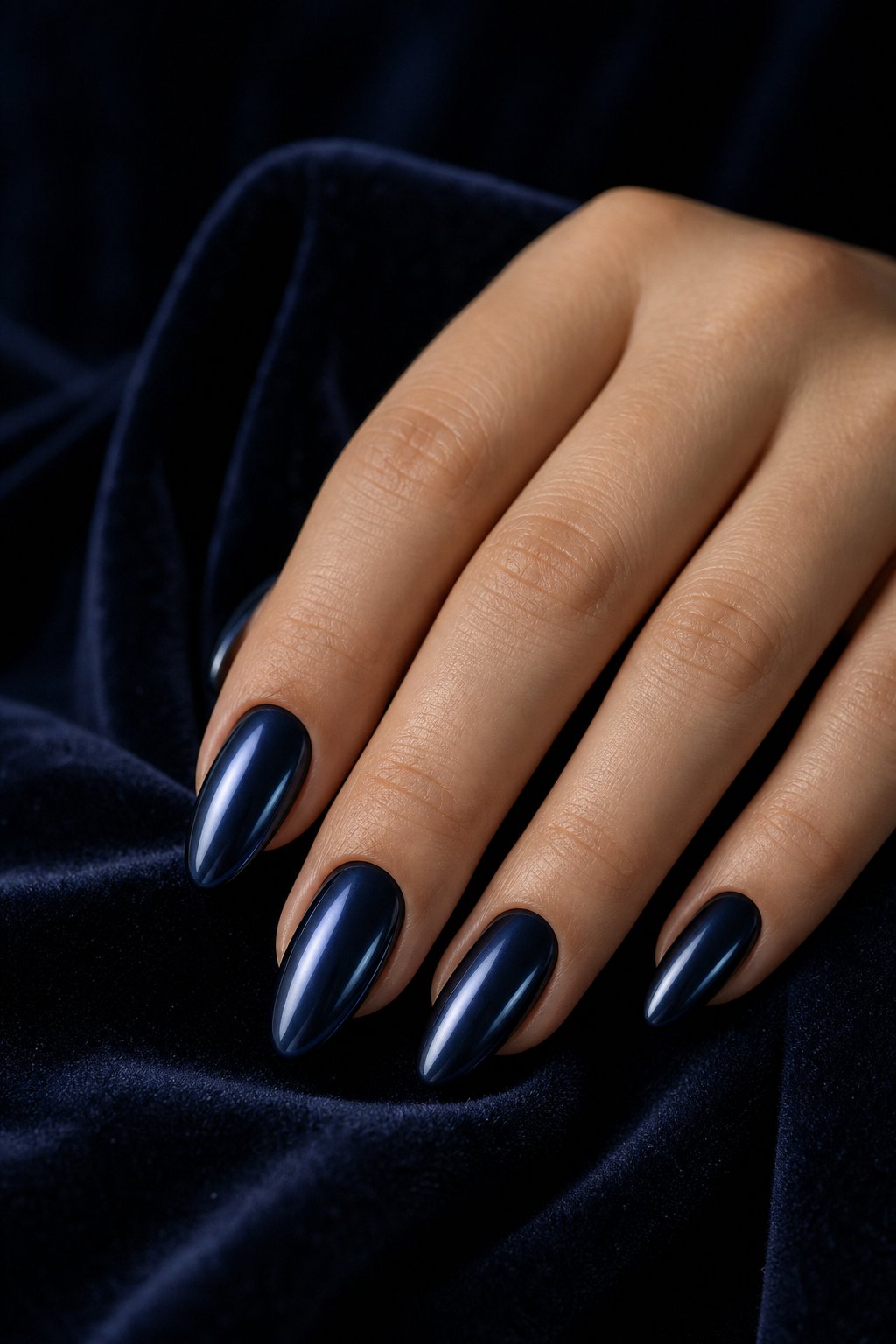 A hand with almond-shaped dark blue metallic nails resting on a dark velvet surface.