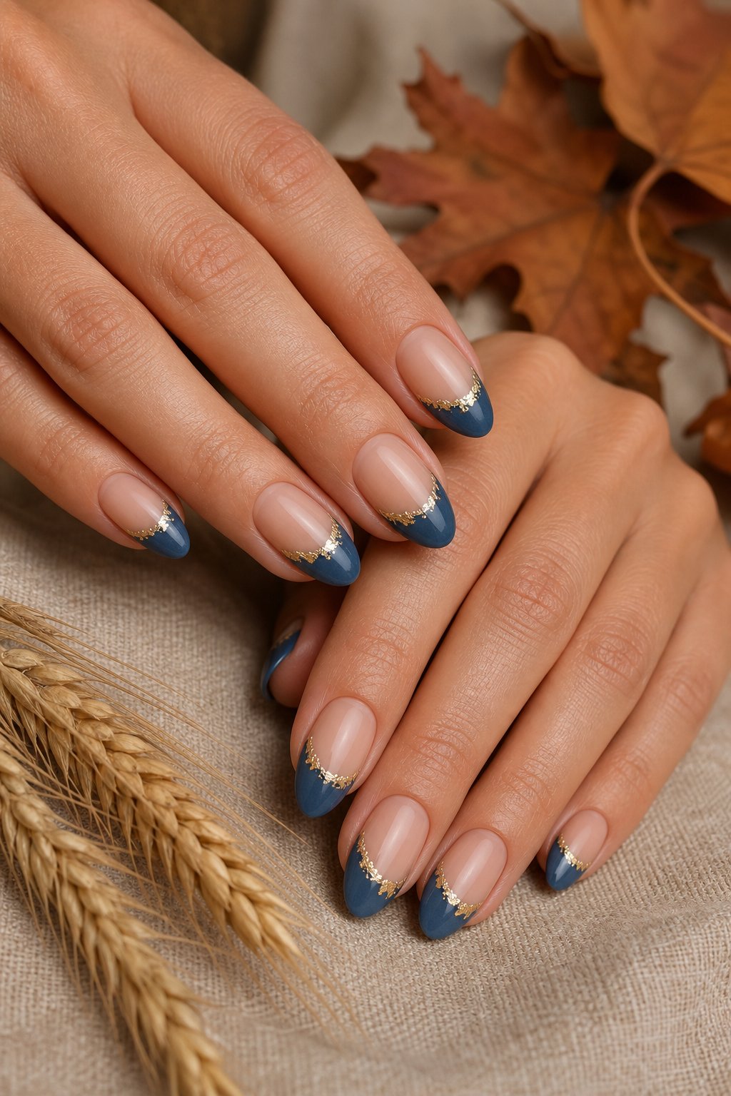 Close-up of hands with denim-blue French-tip nails and small gold accents resting beside dried autumn leaves.