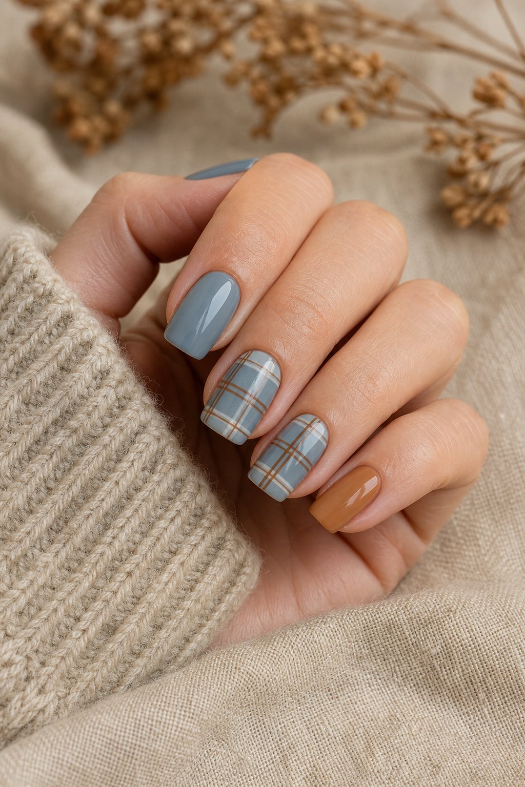 A hand displaying dusty blue and caramel plaid manicured nails.