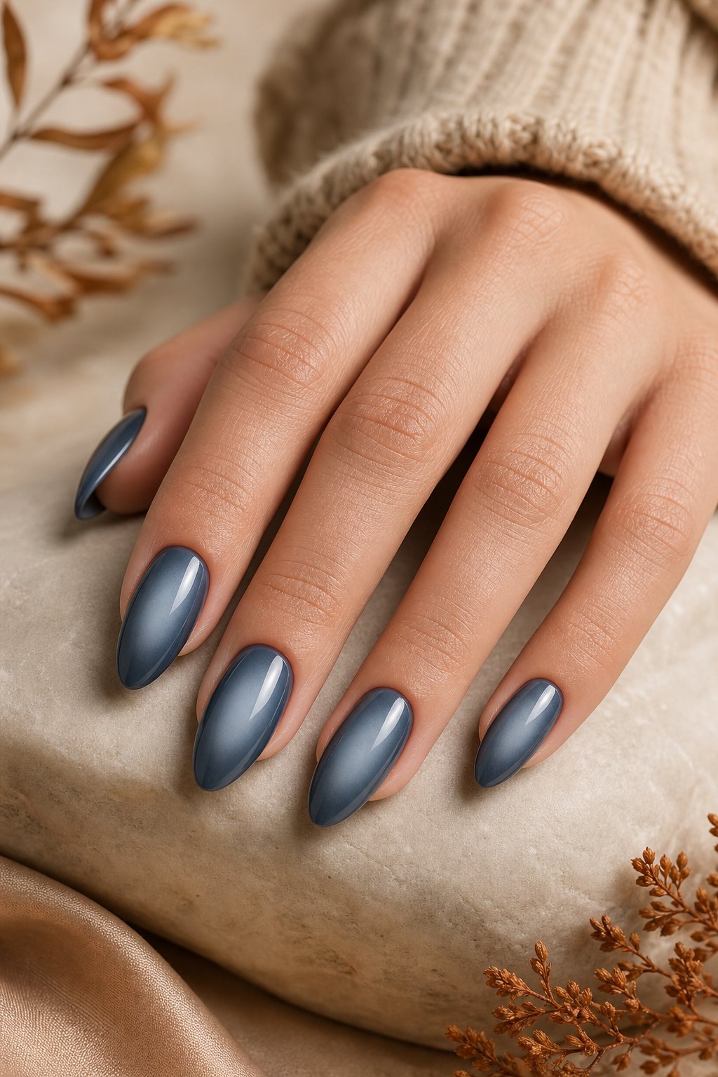 A hand with glossy slate blue gradient nails rests on a softly styled neutral surface.