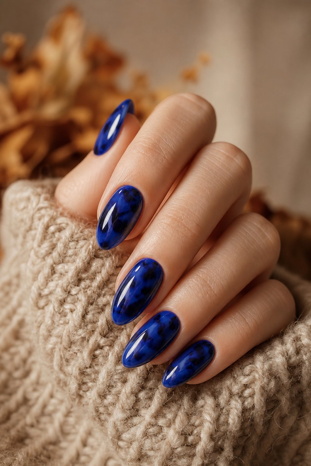 Close-up of a hand with glossy cobalt blue tortoiseshell manicured nails.