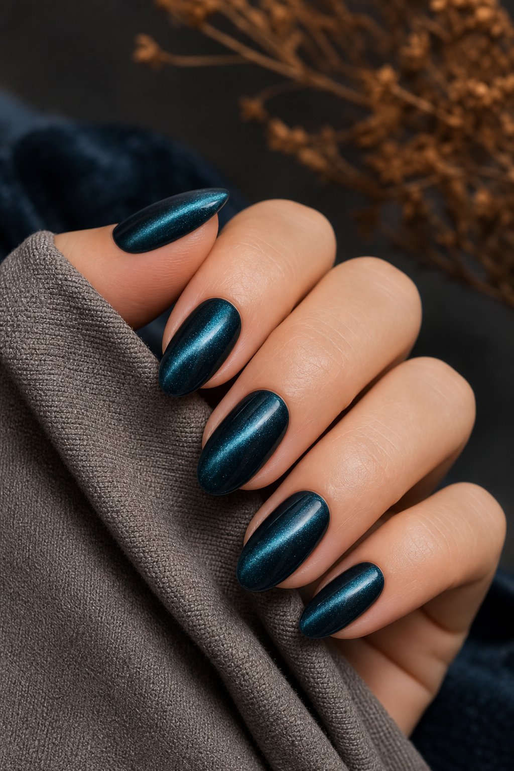 A hand with deep teal cat-eye manicure displayed against a dark neutral background.