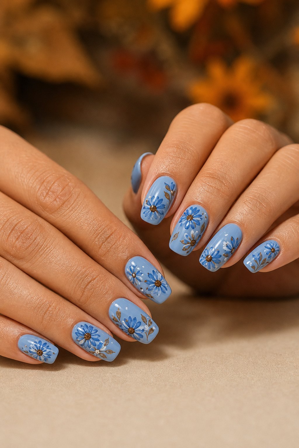 Hands with cornflower blue nails decorated with small flowers and brown centers.