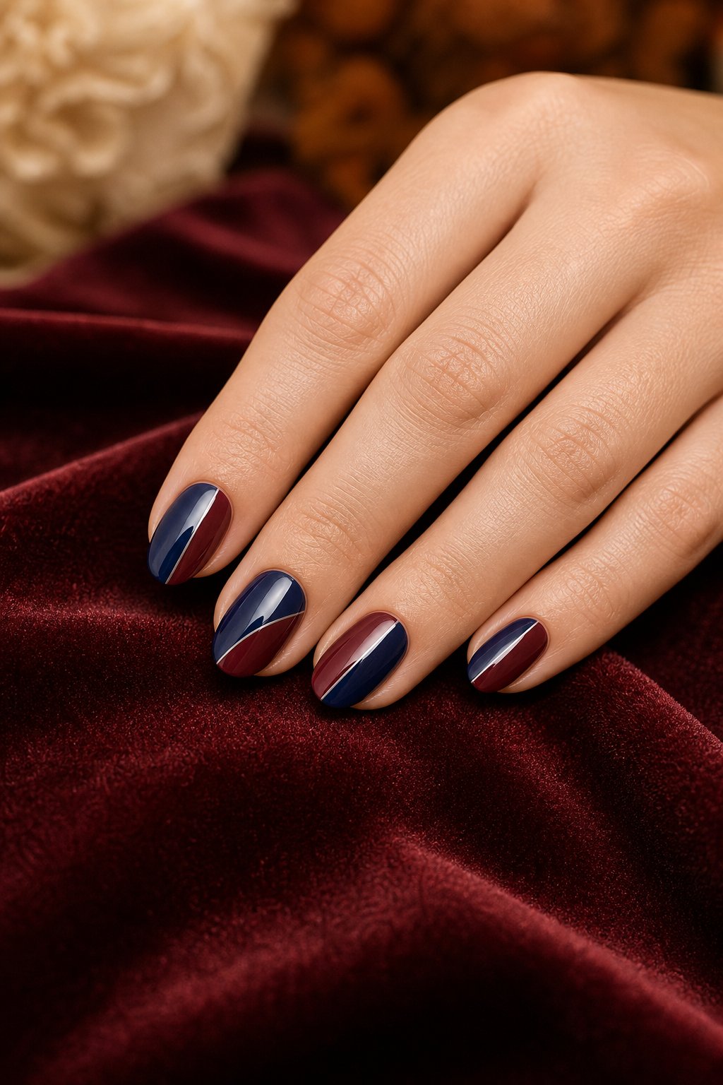 A hand with navy blue and burgundy color-blocked manicured nails resting on burgundy fabric.