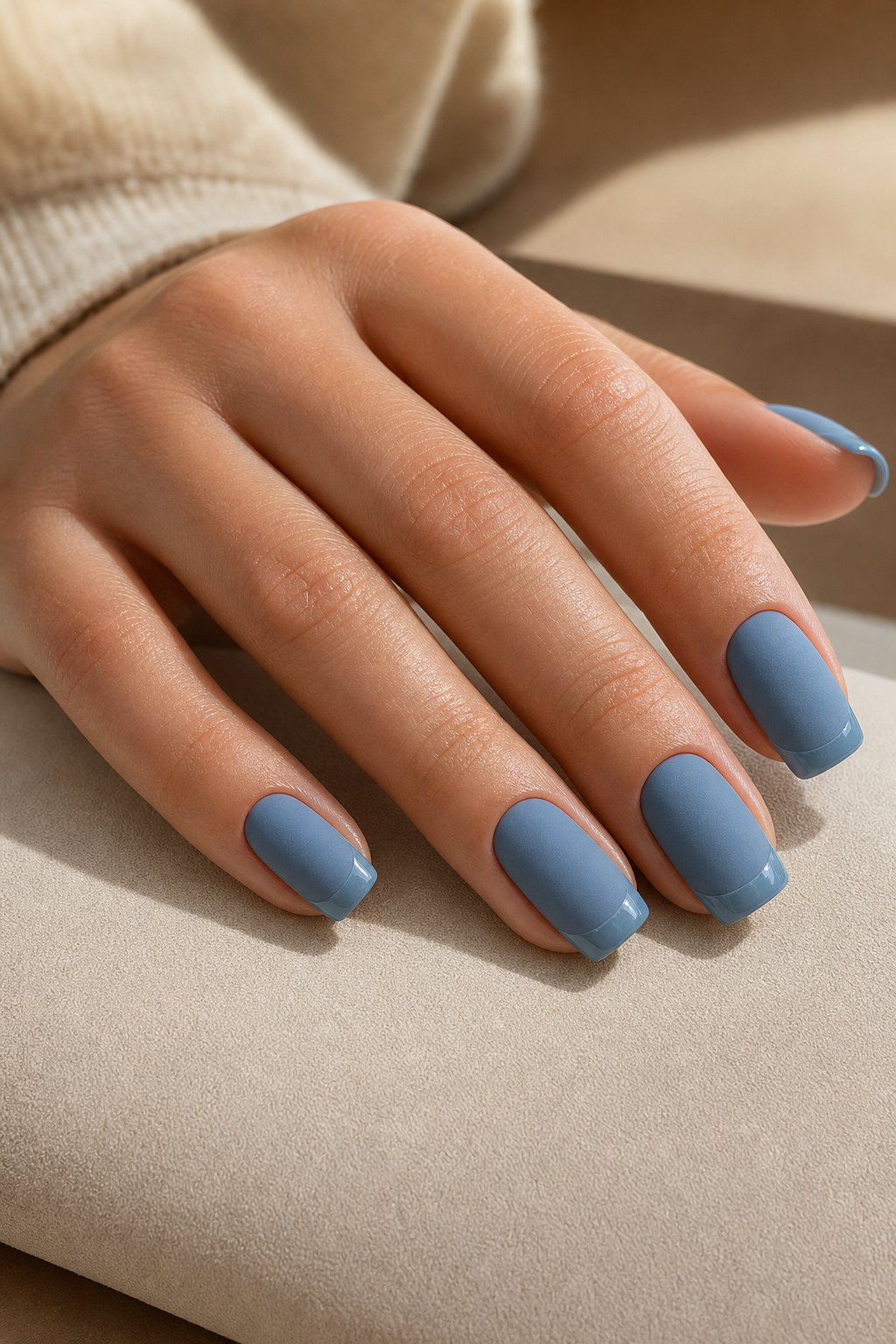 A hand with French blue matte nails and glossy blue tips resting on a neutral surface.