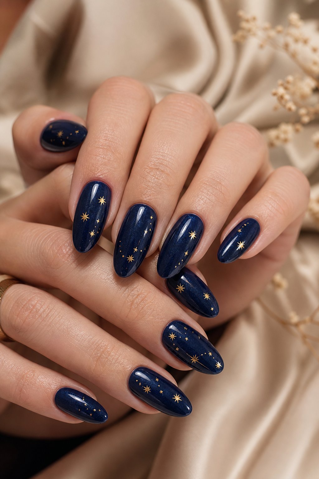 A hand with glossy indigo nails decorated with small gold stars.