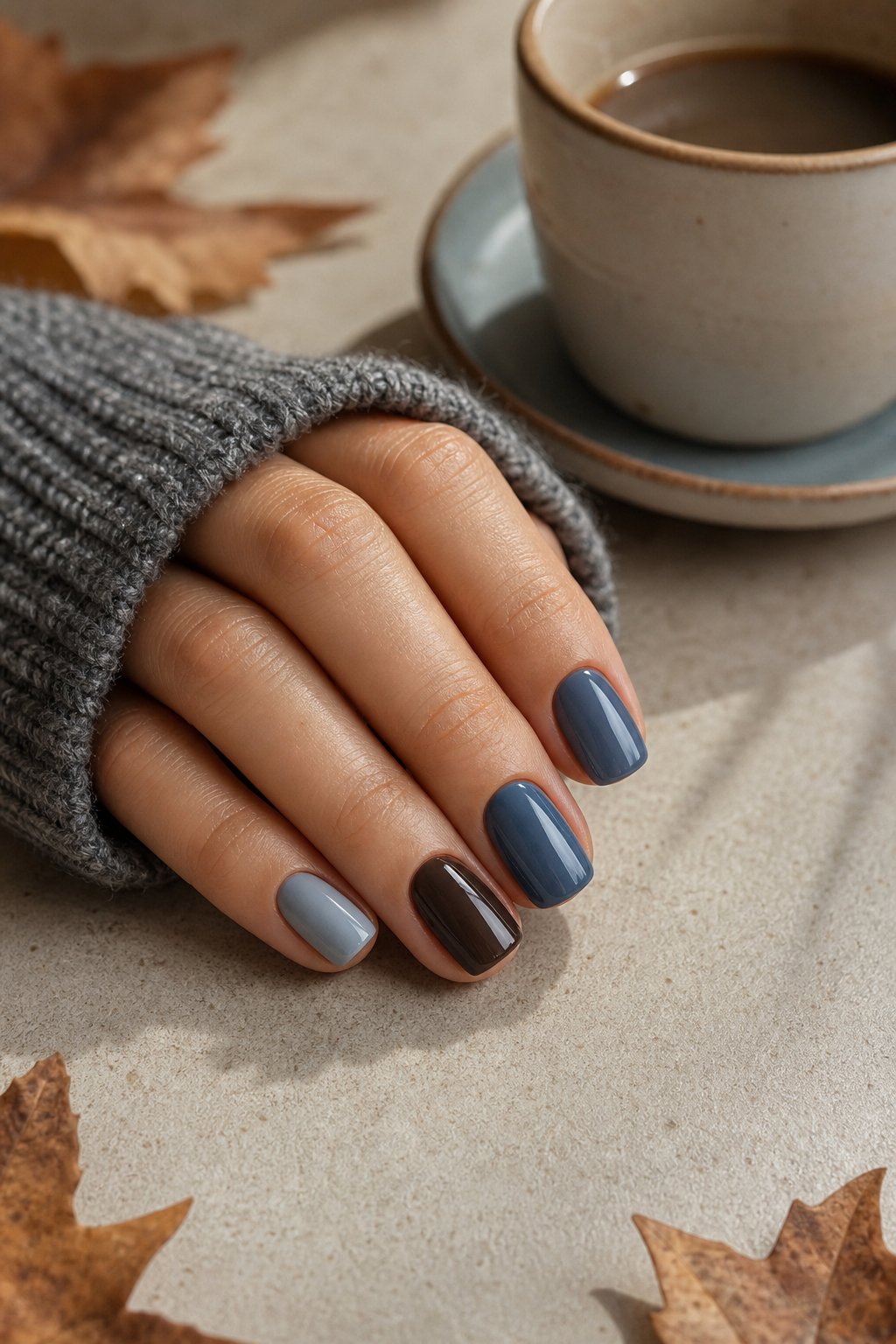 A hand displays alternating steel blue, slate blue, taupe, and espresso brown painted nails beside a cup of coffee.