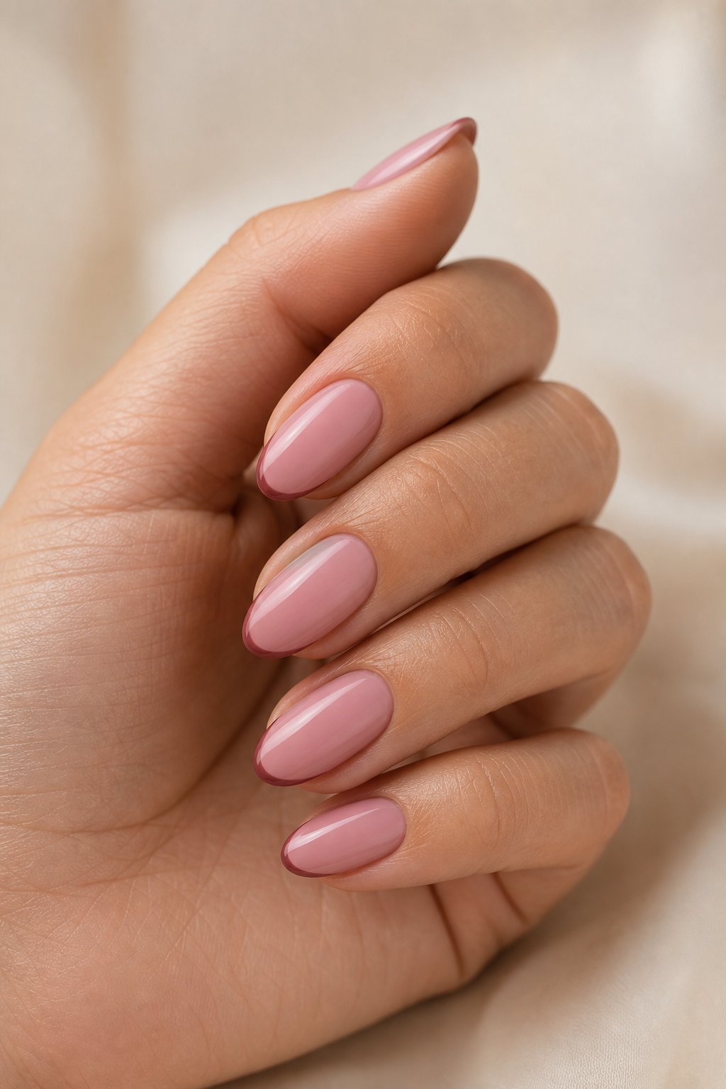 A hand with dusty rose pink nails and delicate darker pink French tips resting on a neutral background.