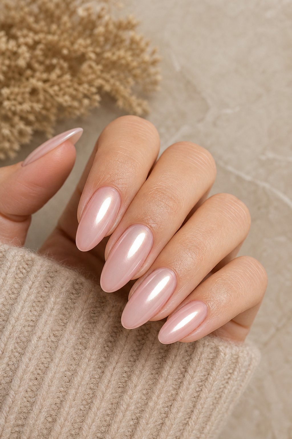 A hand with glossy pink chrome almond-shaped nails resting against a neutral background.