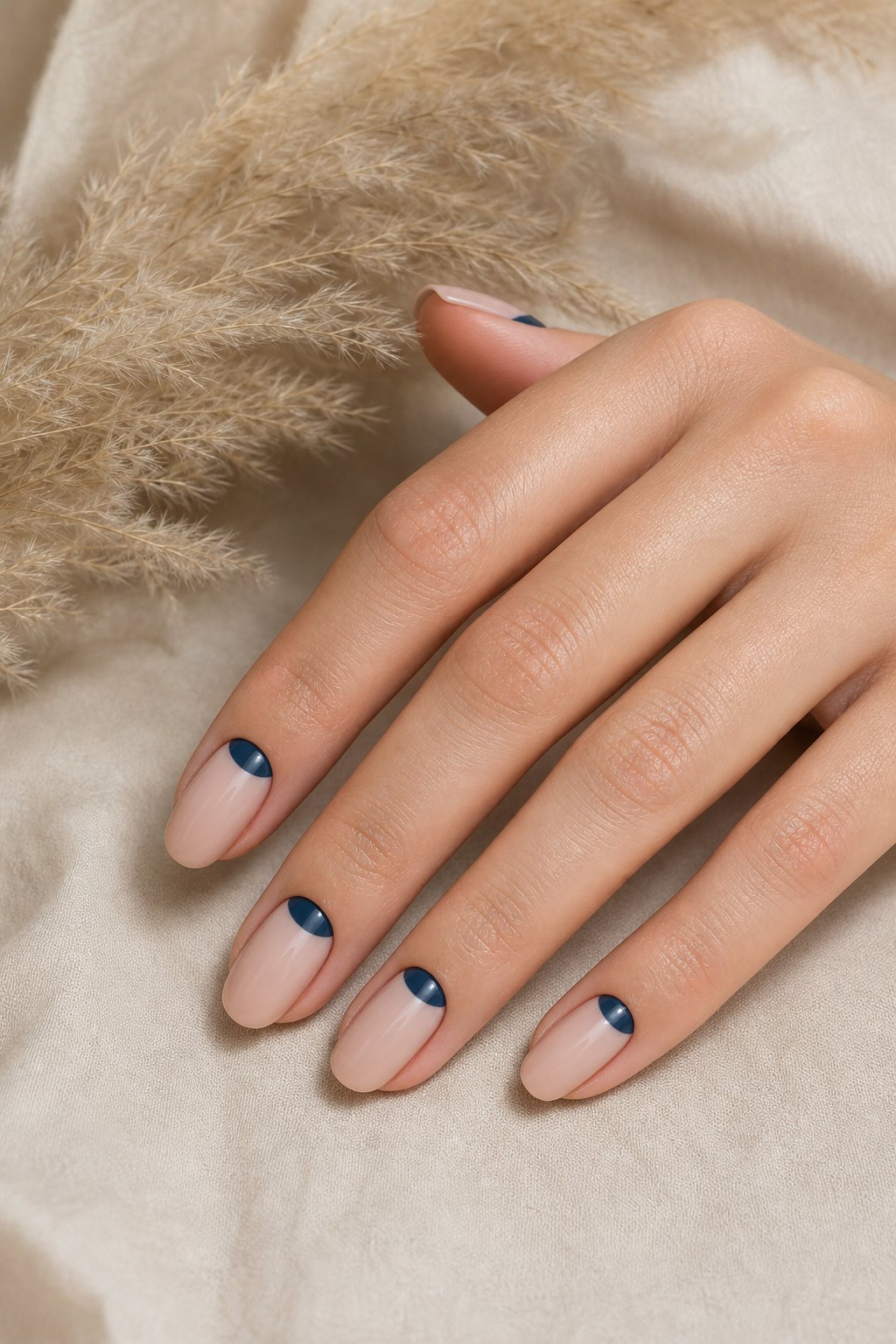 A hand with nude nails featuring deep blue half-moon designs near the cuticles.