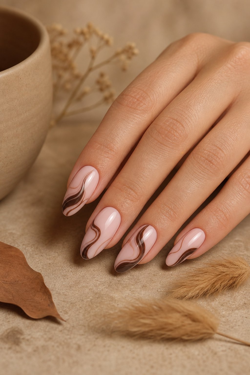 A hand displays glossy pink and brown swirl-patterned manicure on a neutral surface.
