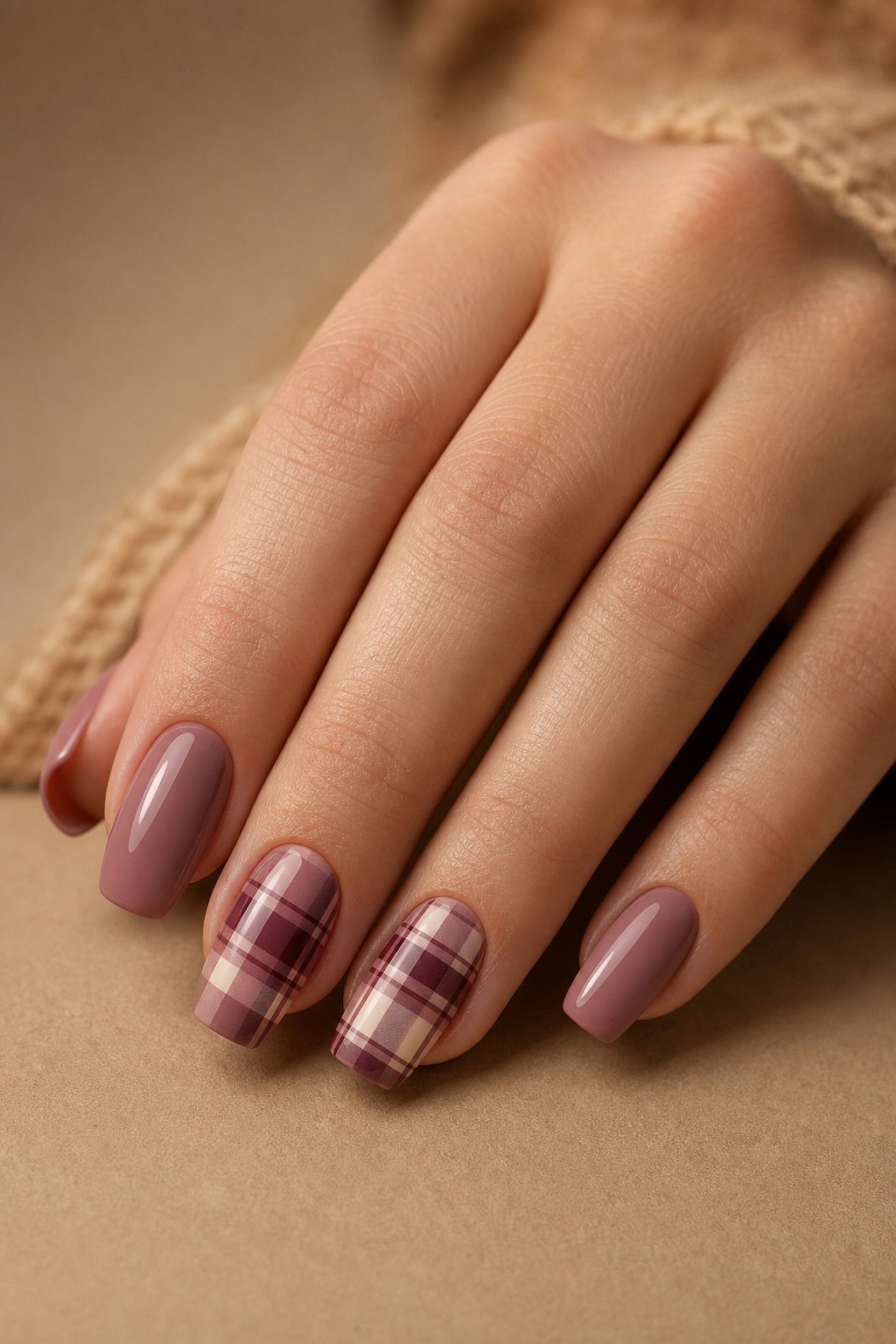 A hand with mauve pink nails and plaid accent designs rests on a neutral surface.