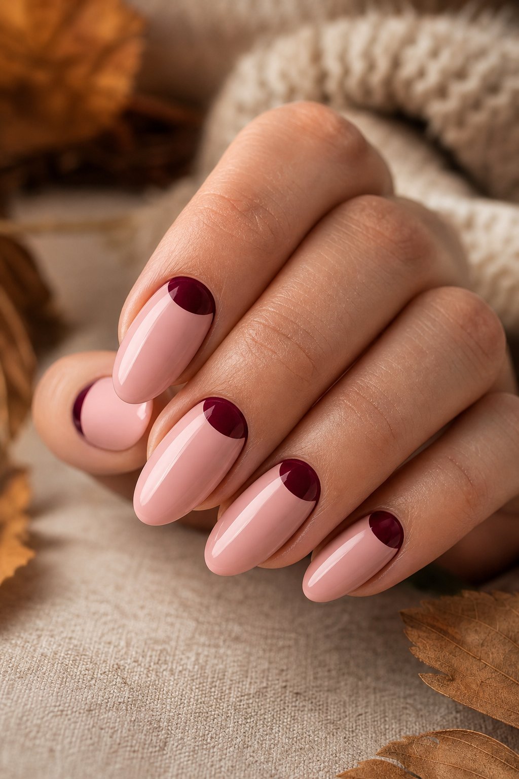 A hand with blush pink nails decorated with burgundy half-moon accents.