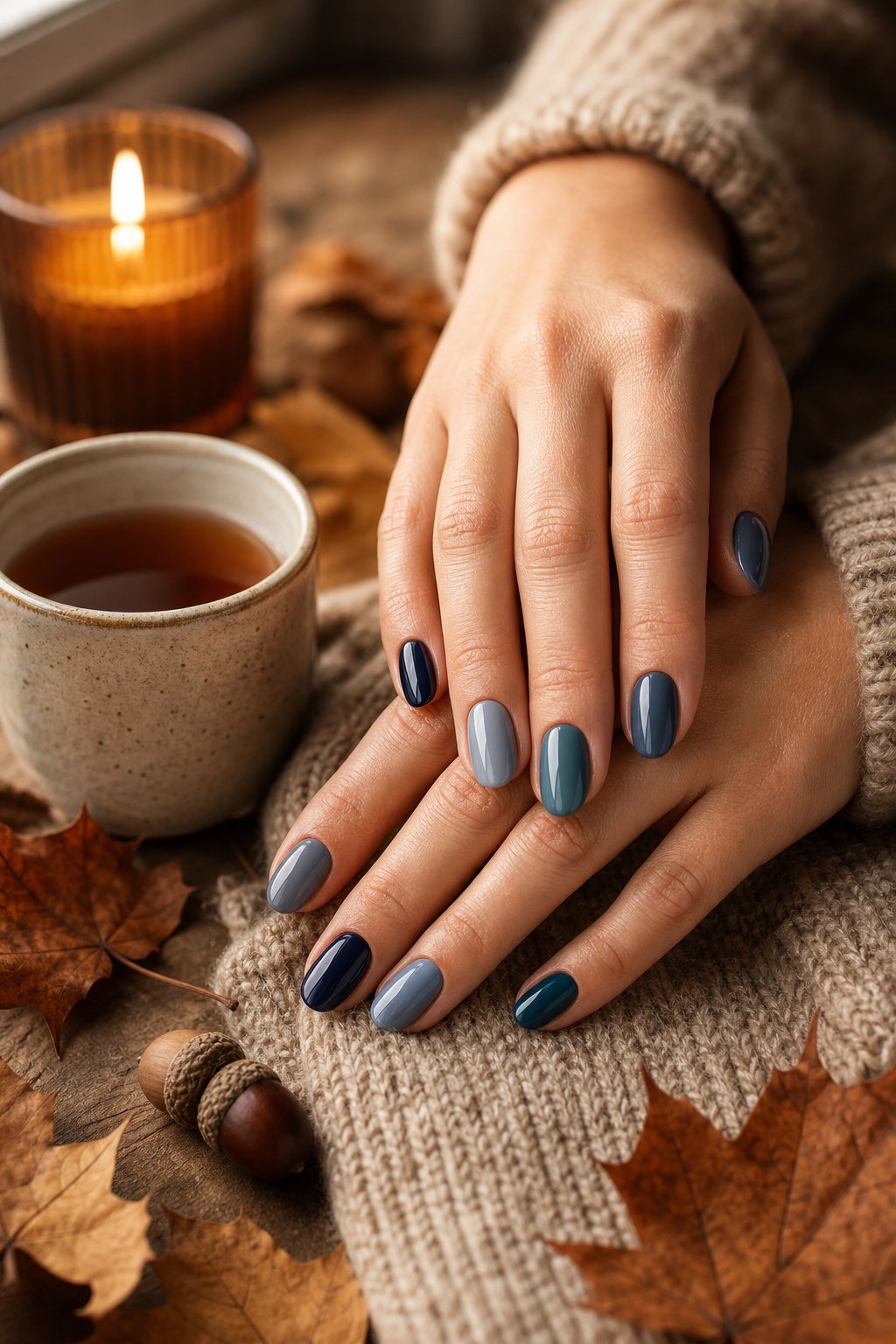 Hands with elegant blue manicured nails resting among autumn leaves and cozy seasonal elements.