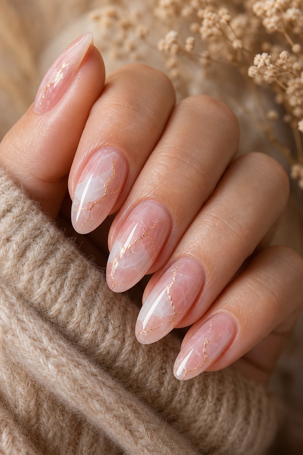 A hand displaying rose quartz marble nails with delicate gold veins.