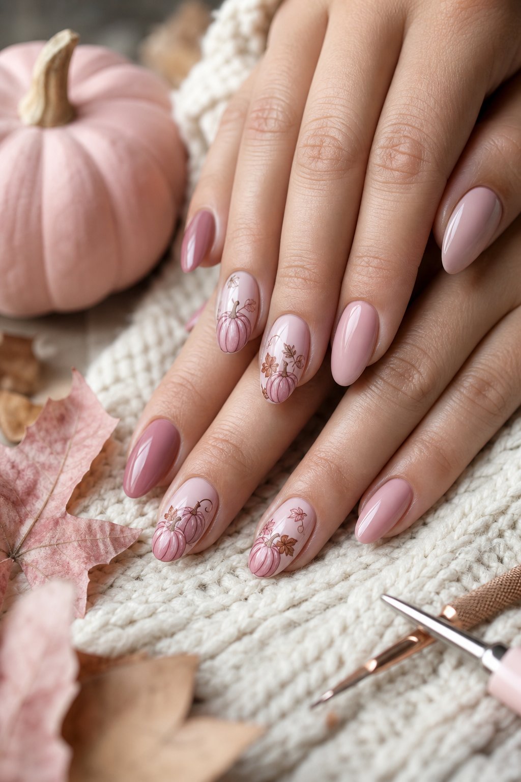 Close-up of manicured hands with pink pumpkin designs on the nails beside a small pink pumpkin and autumn leaves.
