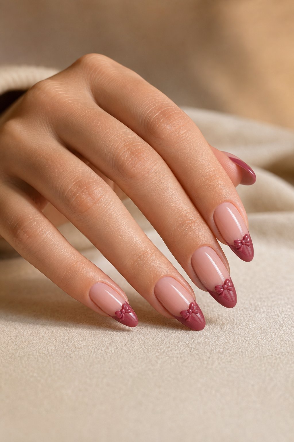 A hand displays glossy pink almond-shaped nails with berry-colored French tips and tiny bows.