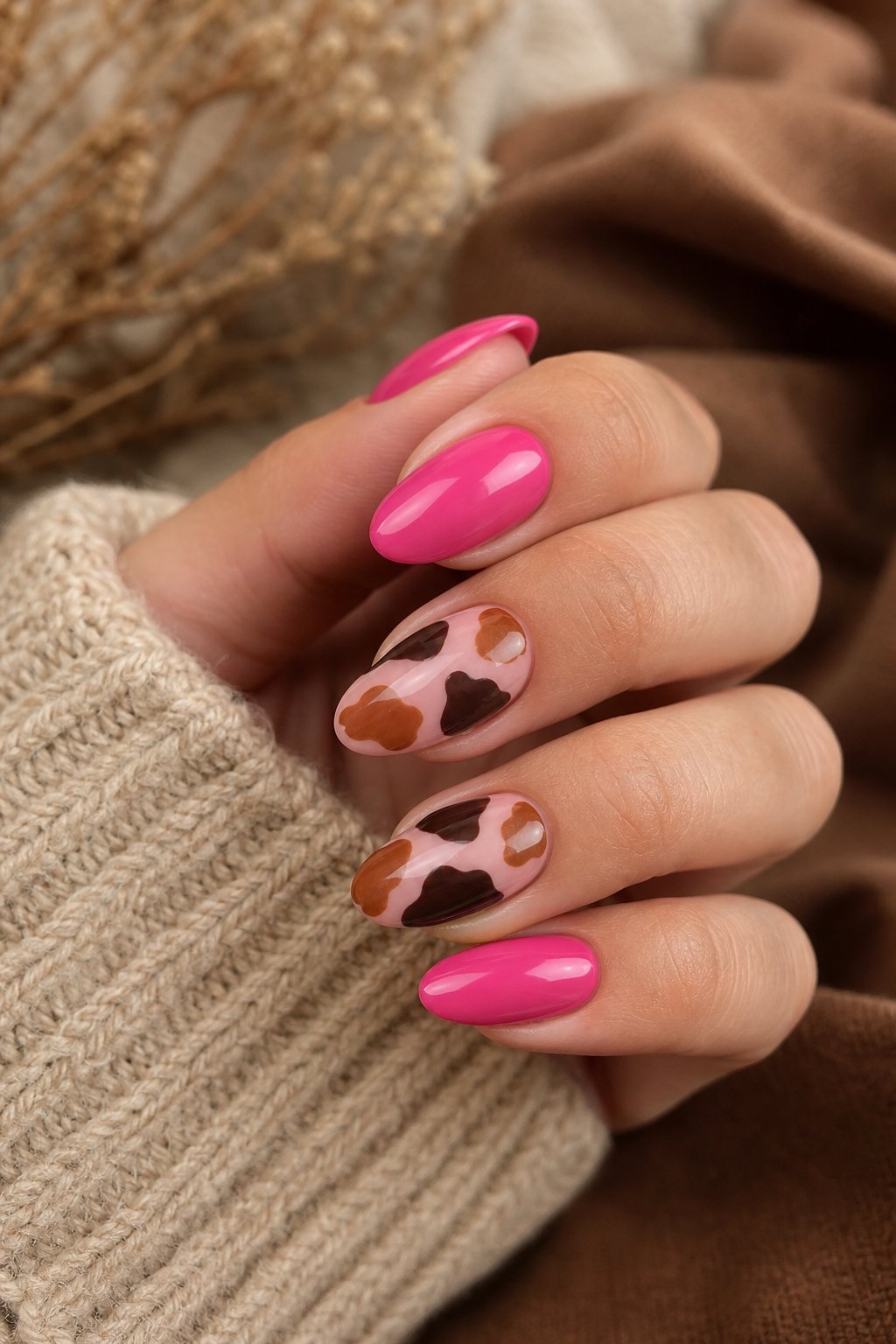 A hand with hot pink and brown cow print nail designs resting against a warm neutral background.