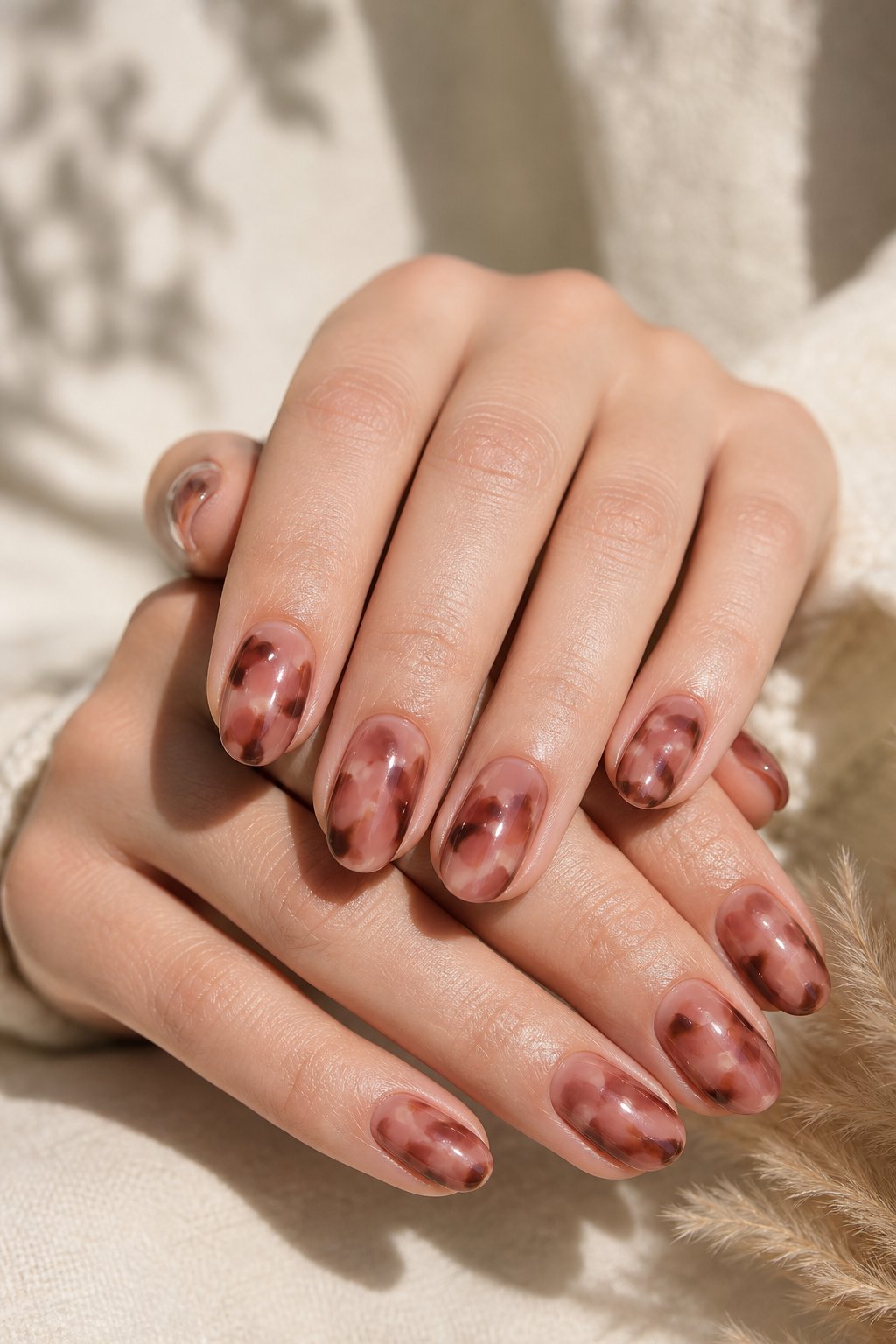 Close-up of hands with muted pink tortoiseshell manicure.