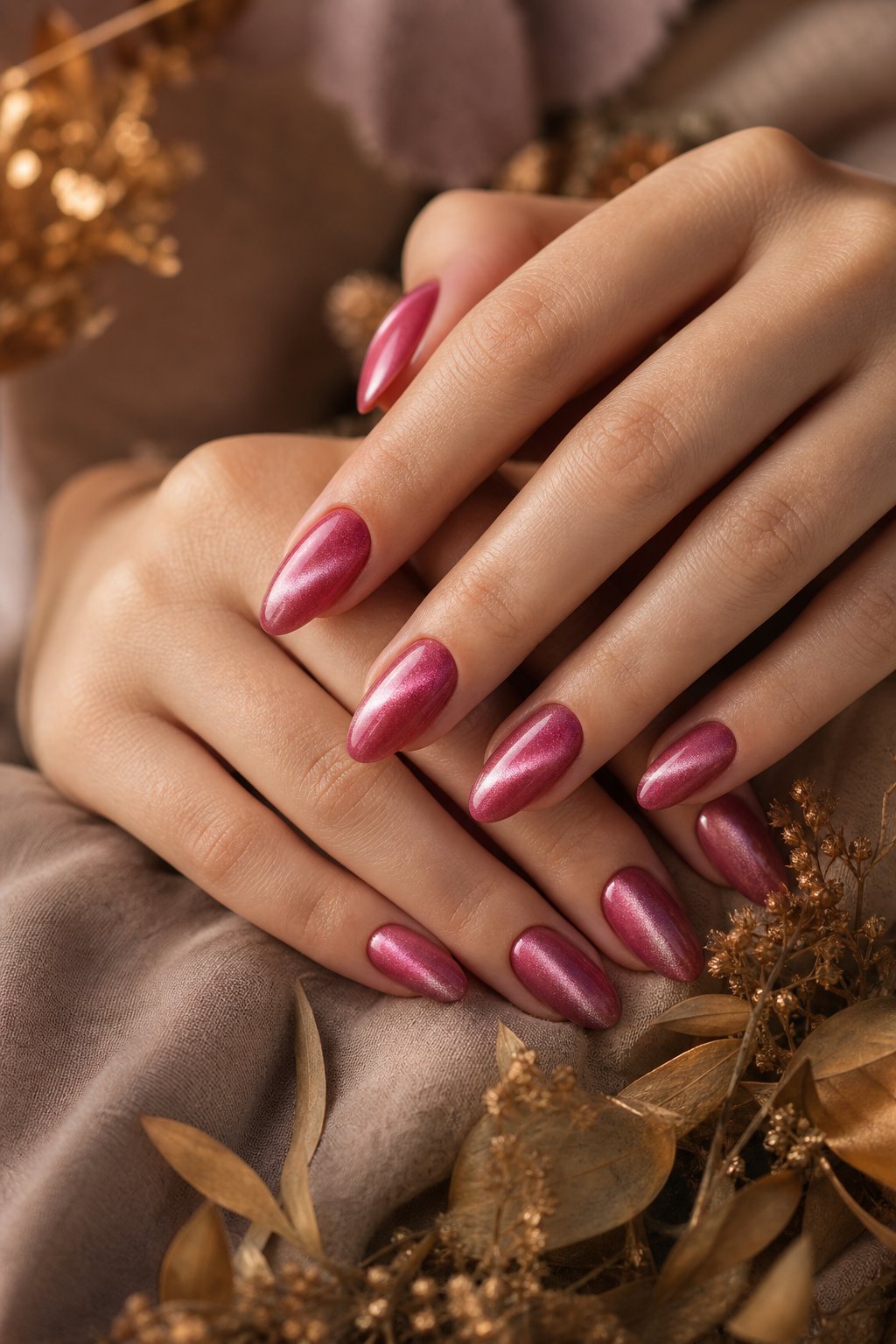 A pair of hands with glossy pink cat-eye manicured nails rests against a warm neutral background with autumn foliage.