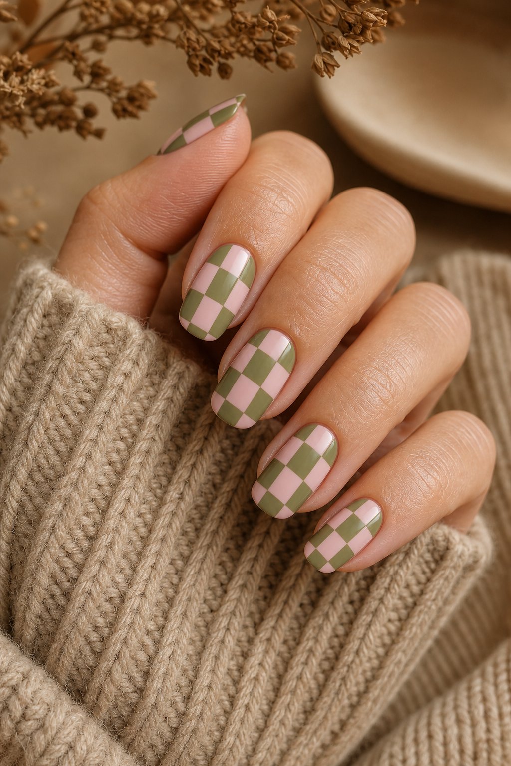 A close-up of a hand with pink and olive green checkerboard nail polish.