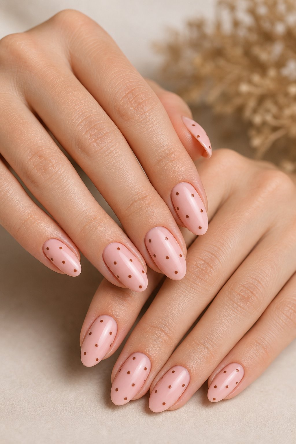Close-up of hands with strawberry-pink nails decorated with brown polka dots.