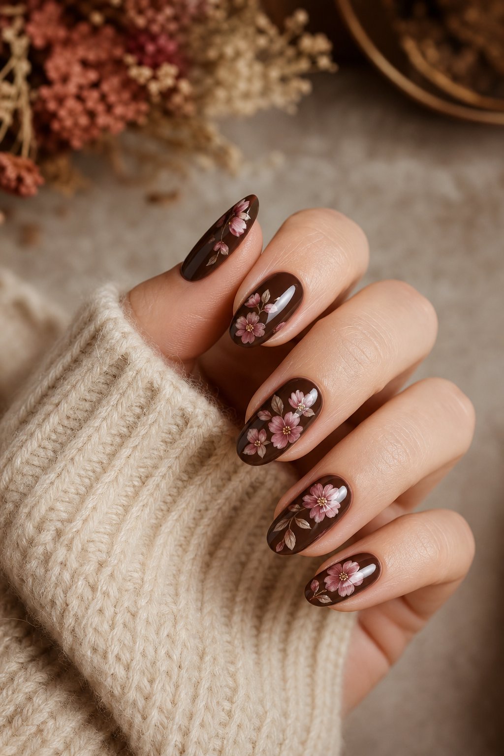 A hand with glossy chocolate-brown nails decorated with delicate pink flowers.