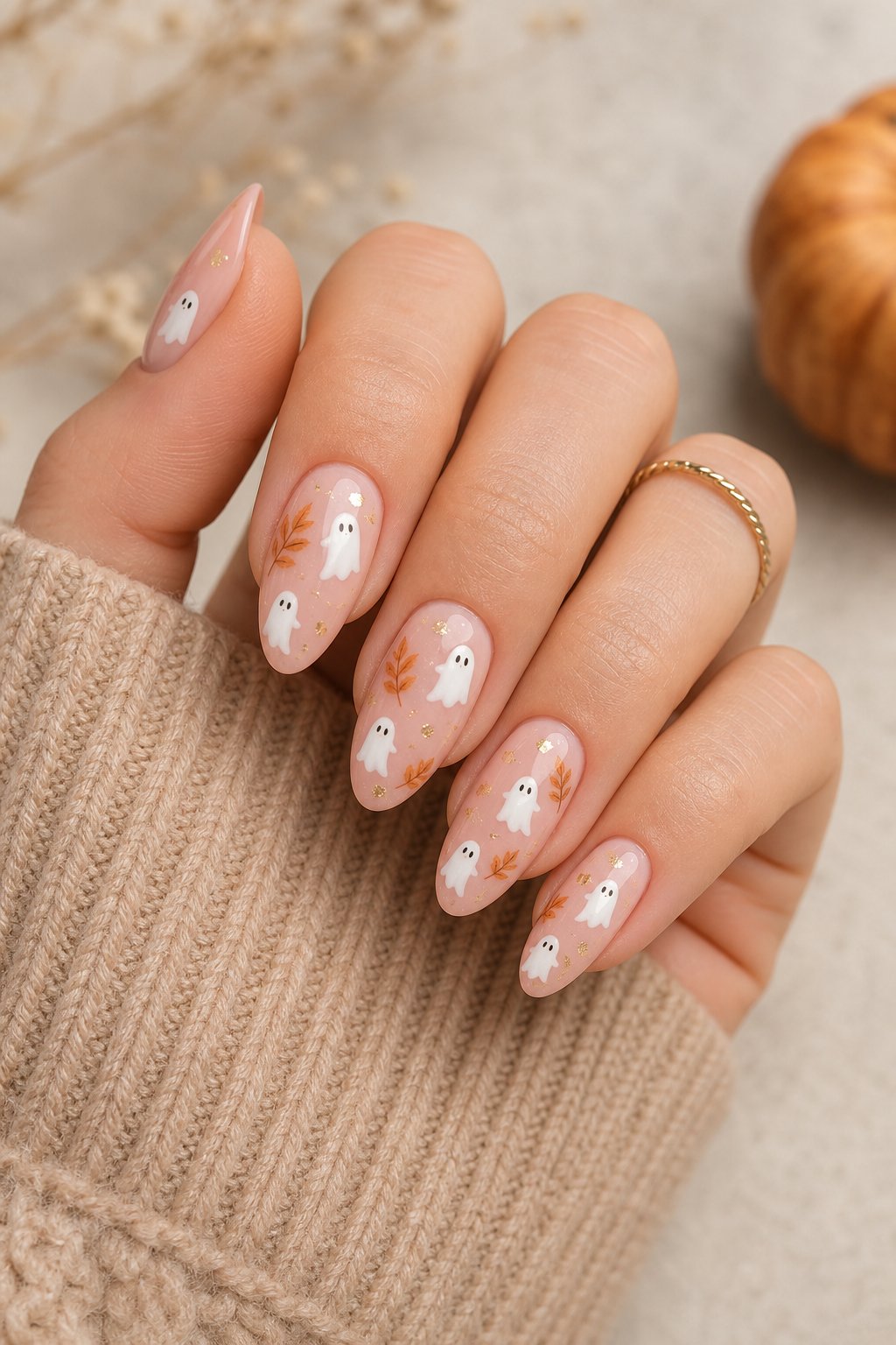 A hand with pink Halloween ghost nail art resting on a neutral surface.