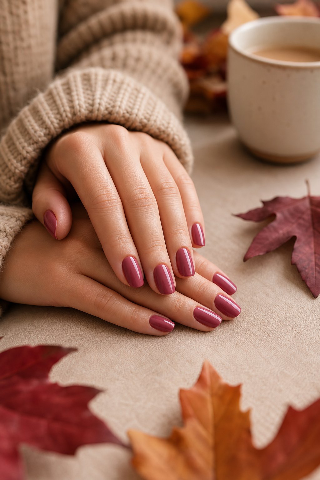 Hands with neatly manicured fall pink nails resting beside autumn leaves and a coffee cup.