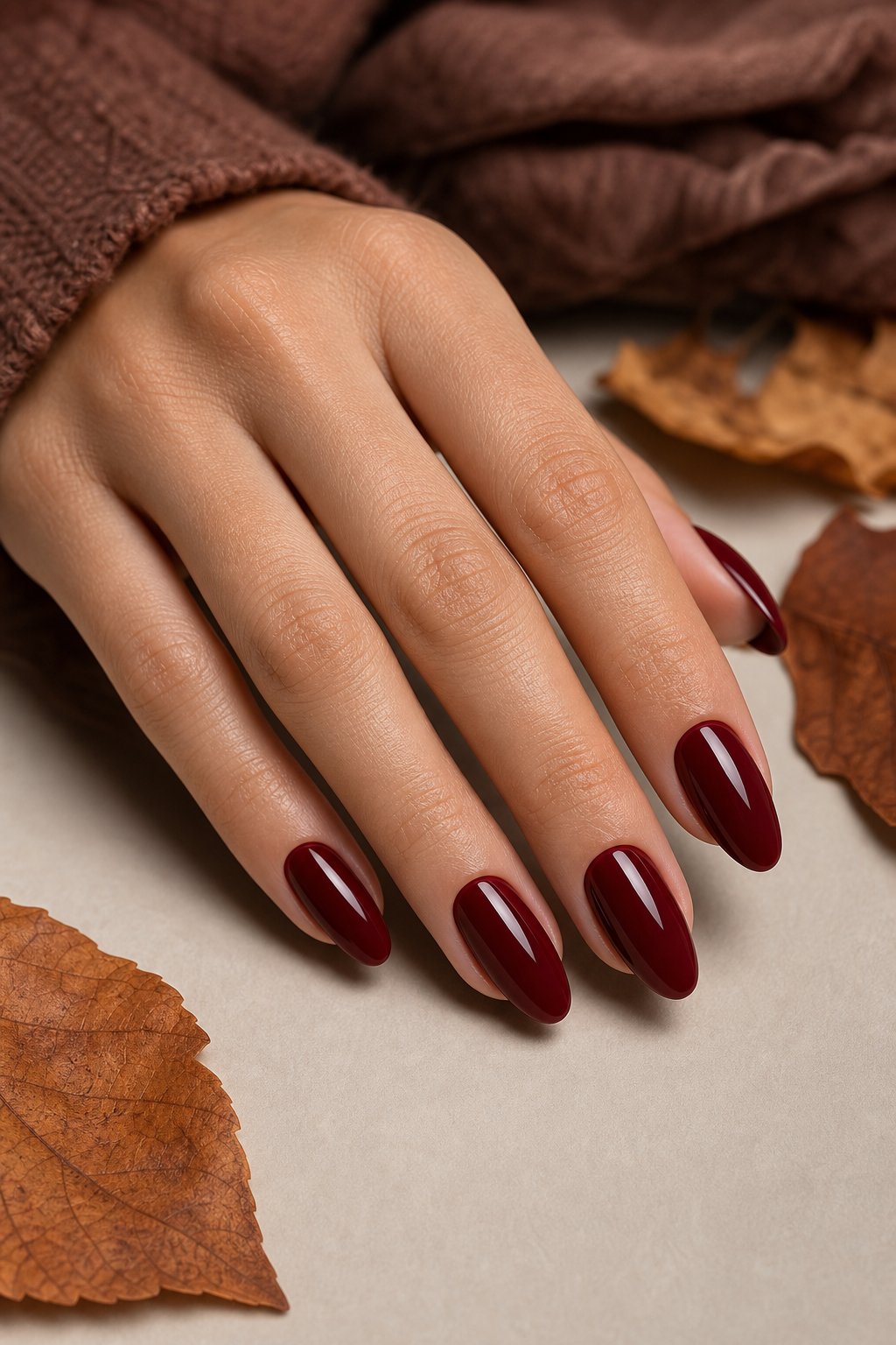 A hand with glossy deep red almond-shaped nails rests on a neutral surface beside subtle autumn accents.