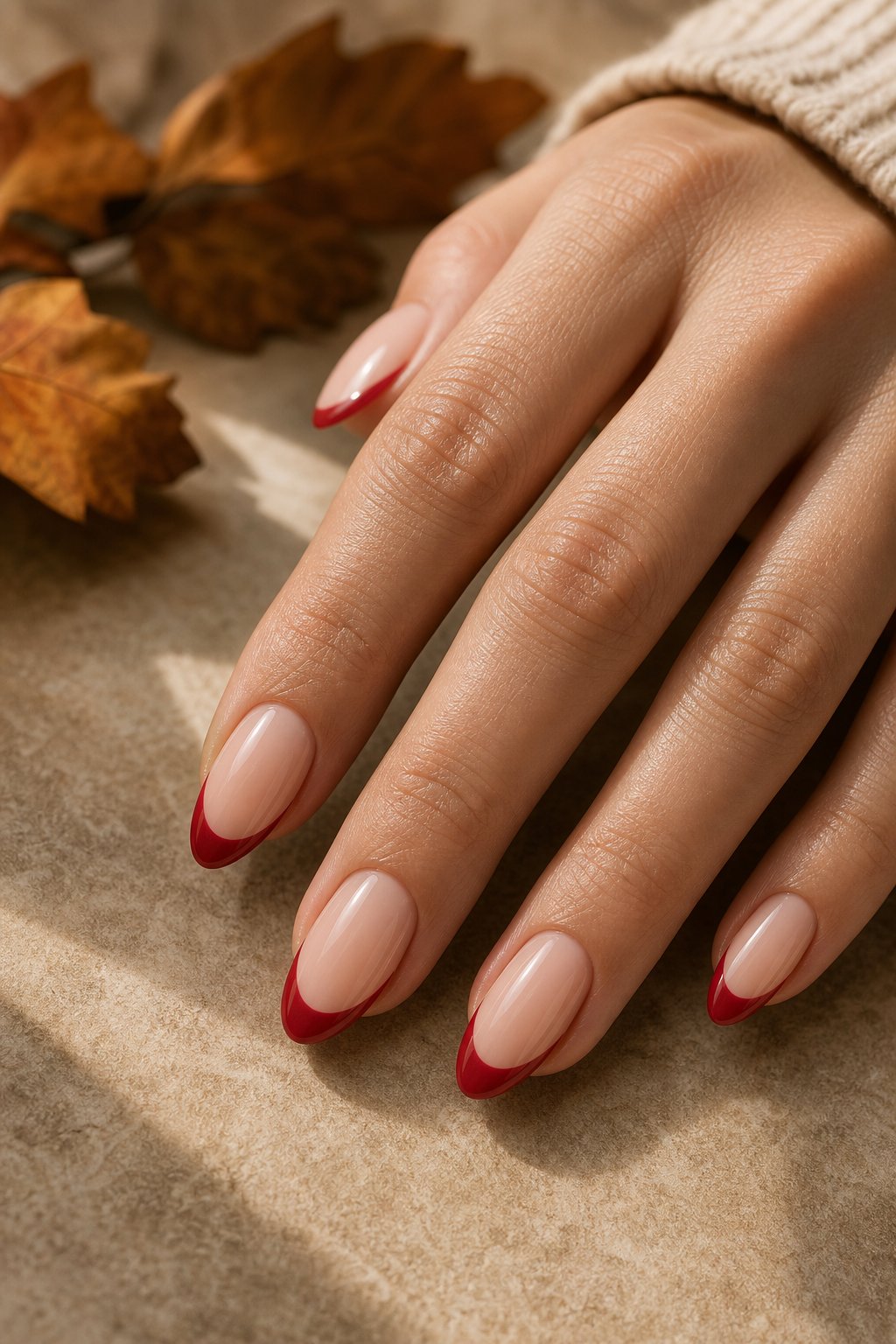 A hand with nude nails featuring glossy cherry-red French tips rests on a neutral surface.