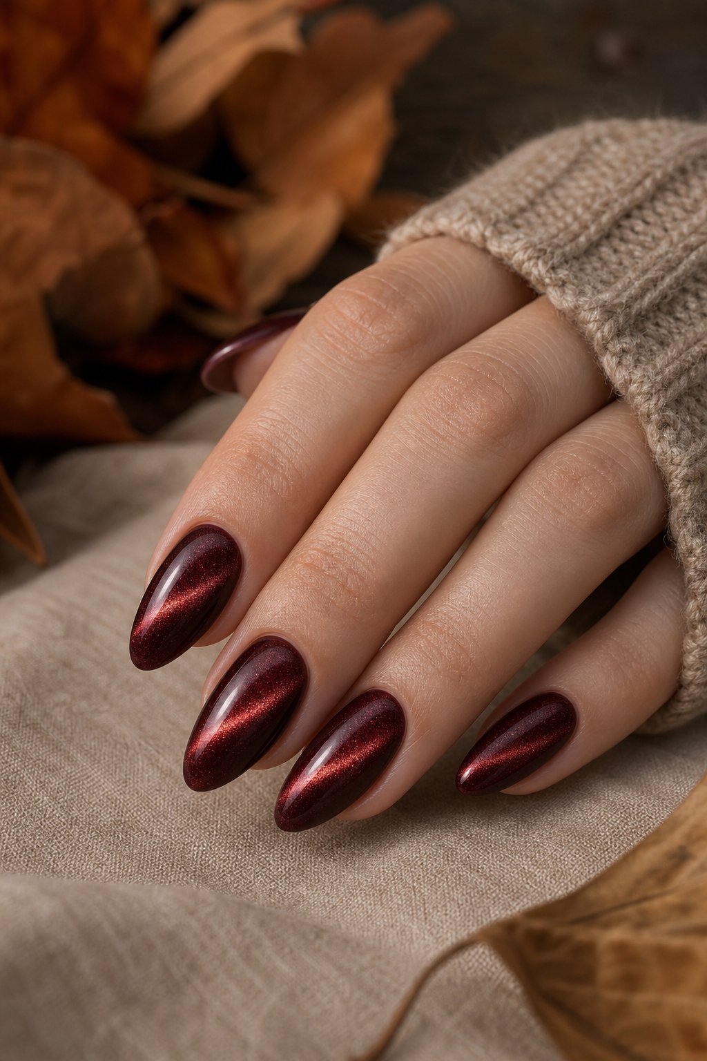 A hand with glossy deep burgundy cat-eye nails resting on a warm neutral autumn surface.